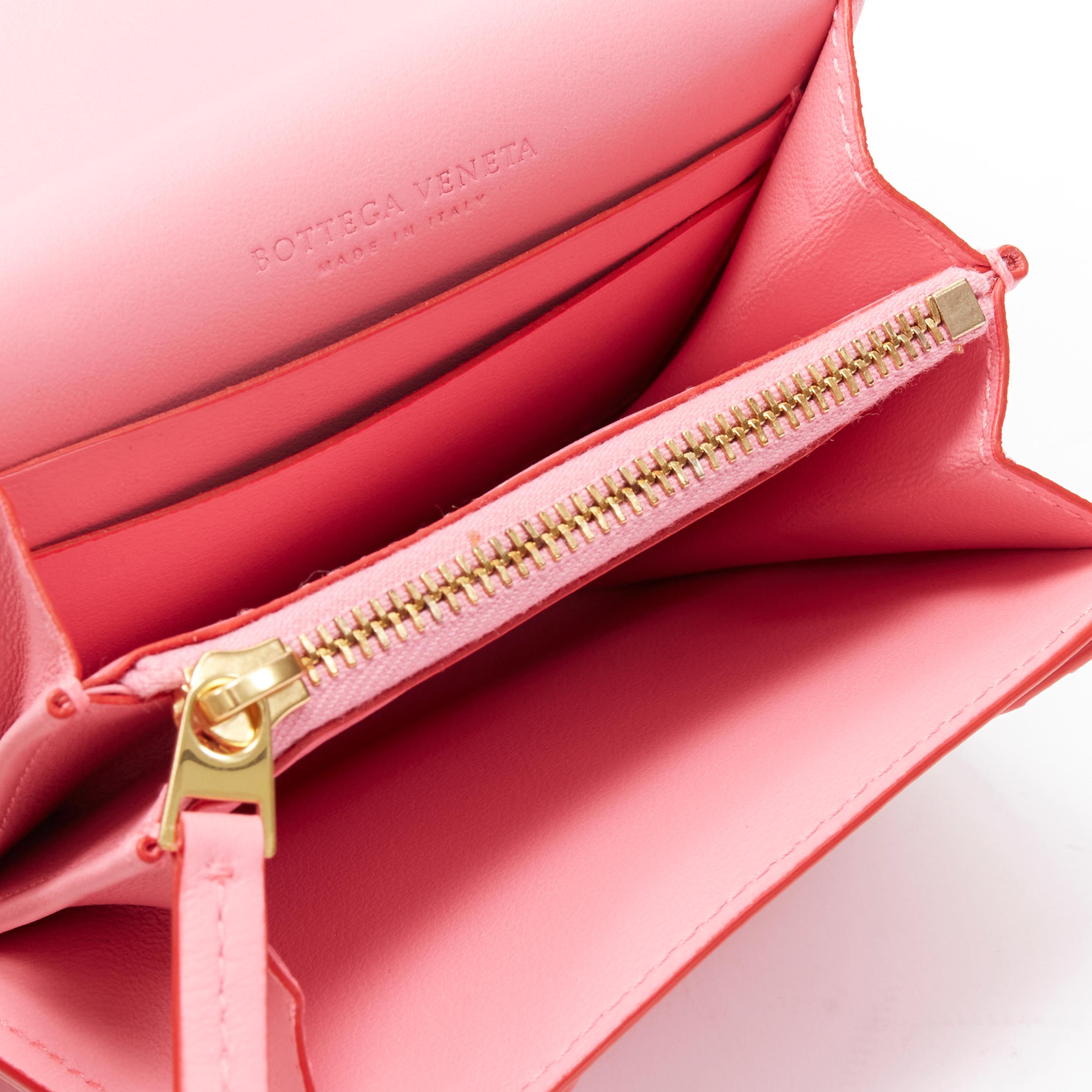 Women's new BOTTEGA VENETA red pink intrecciato woven trifold two tone flap zip wallet