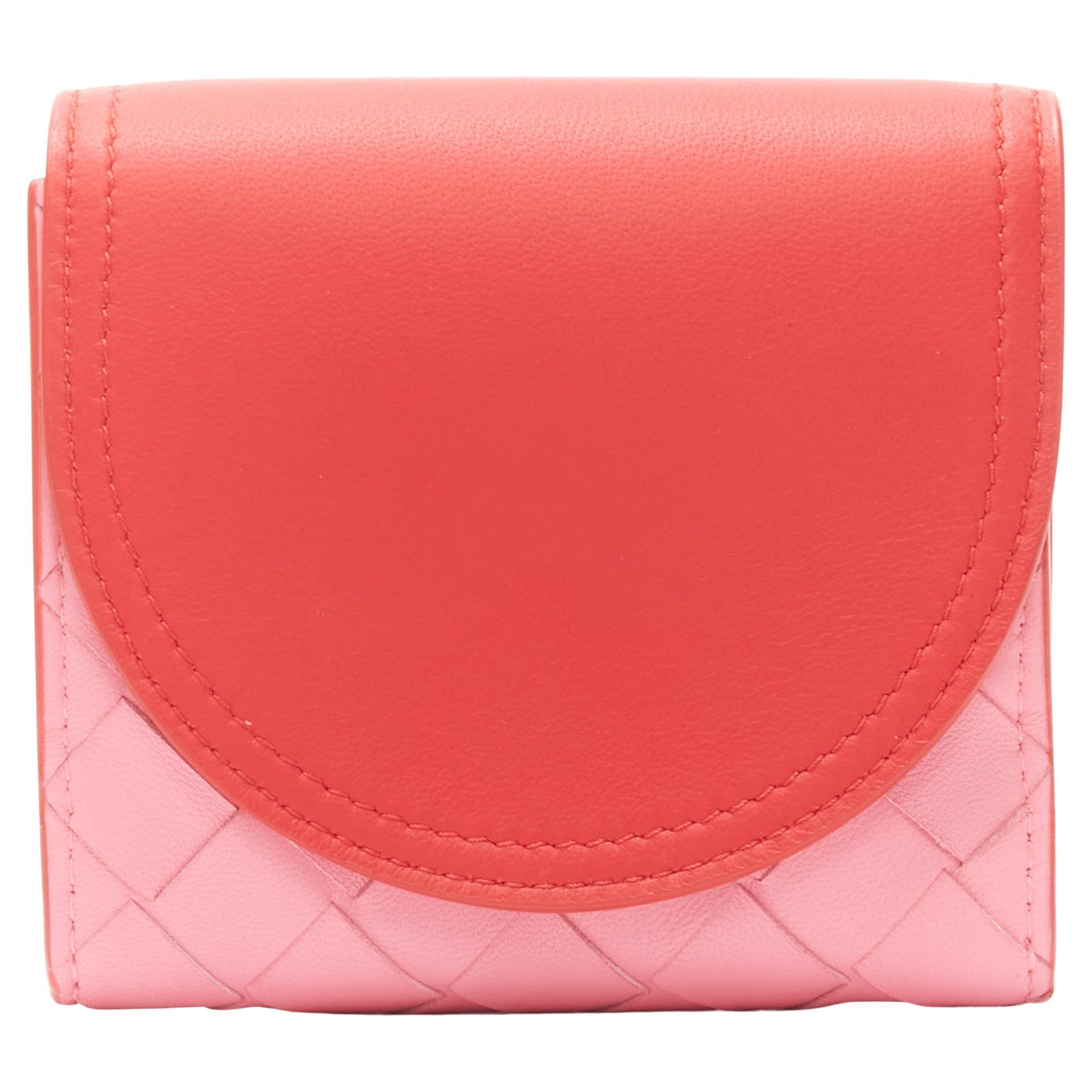 new BOTTEGA VENETA red pink intrecciato woven trifold two tone flap zip wallet