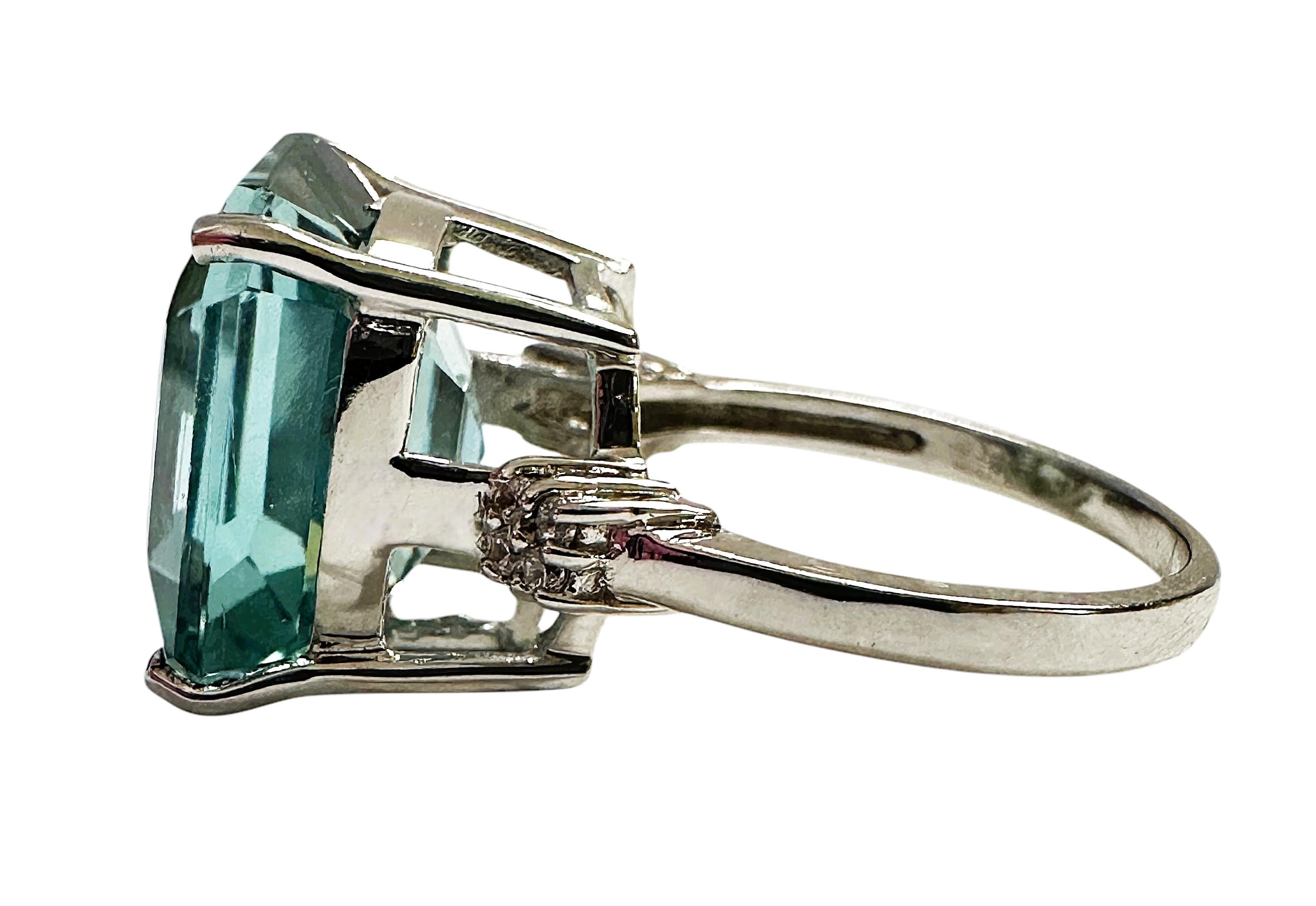Art Deco New Brazilian 11 Carat Aquamarine & Diamond Cut White Sapphire Sterling Ring