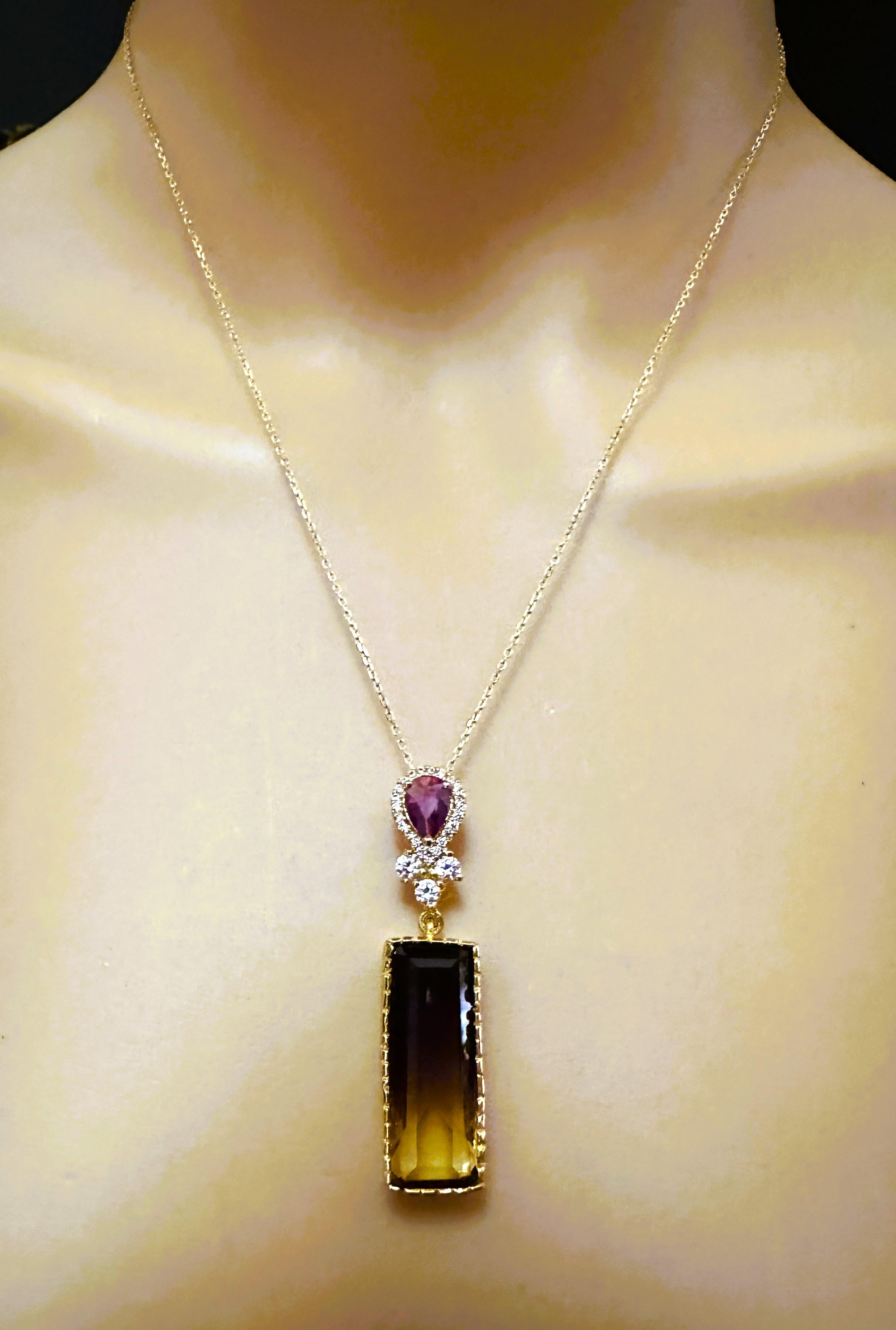 Art déco New Brazilian 13 Ct Purple Yellow Ametrine Rose Gold Plated Sterling Pendentif 18
