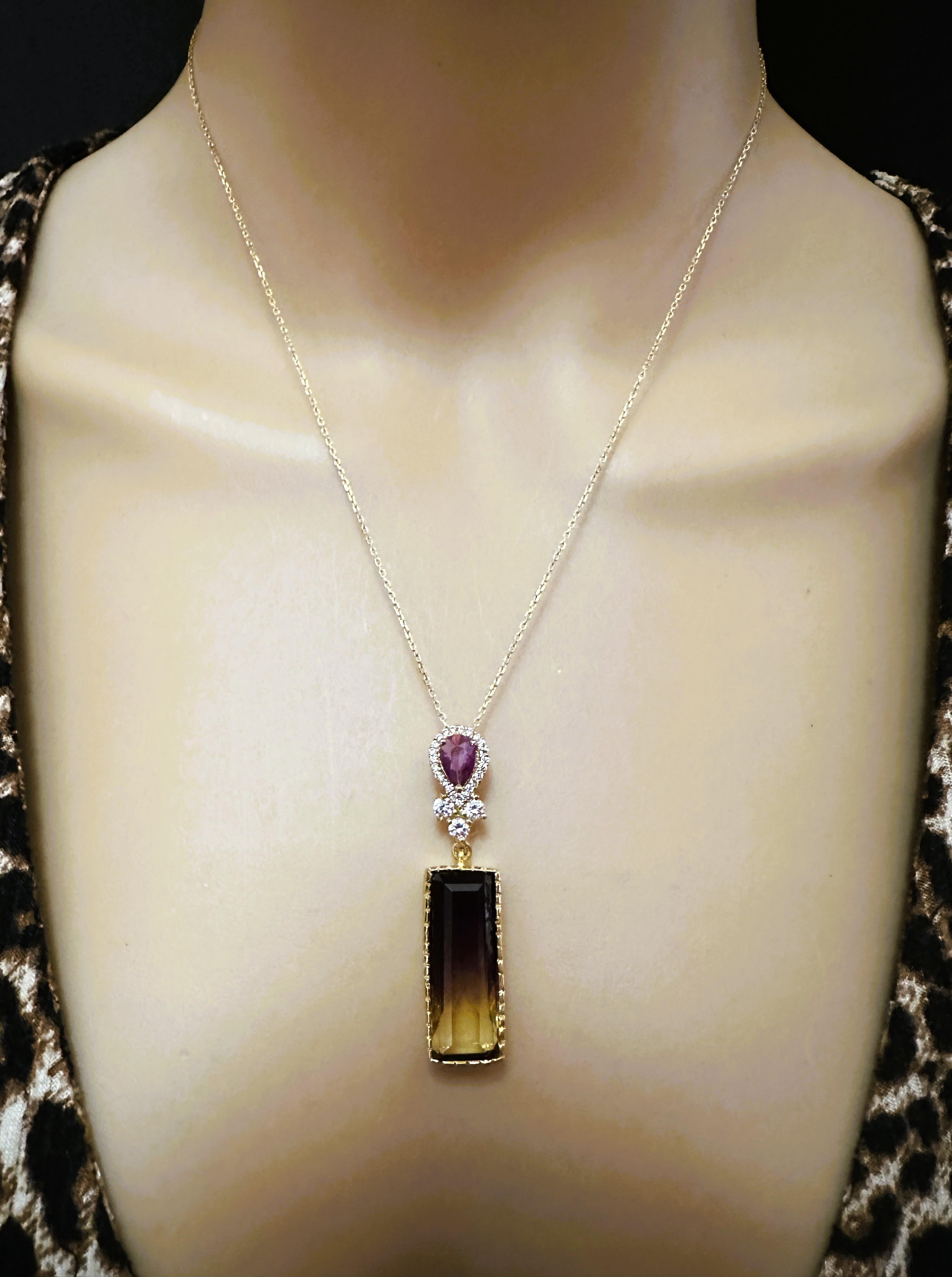 Taille baguette New Brazilian 13 Ct Purple Yellow Ametrine Rose Gold Plated Sterling Pendentif 18