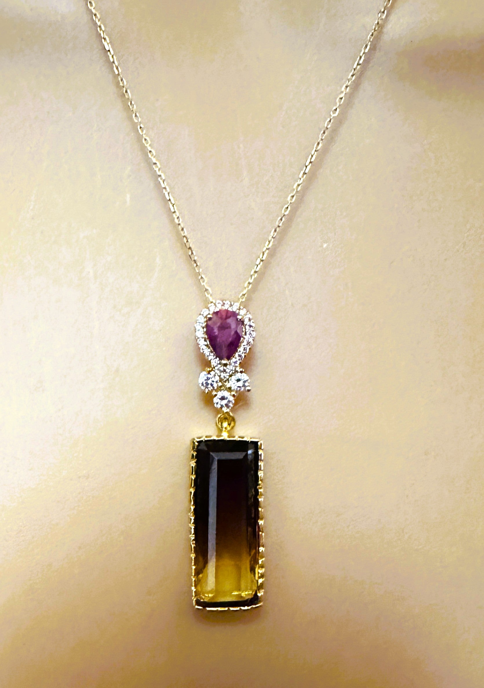 New Brazilian 13 Ct Purple Yellow Ametrine Rose Gold Plated Sterling Pendant 18"