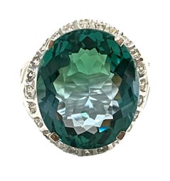 New Brazilian 13.10 Ct Blue Green Ametrine & White Sapphire Sterling Silver Ring
