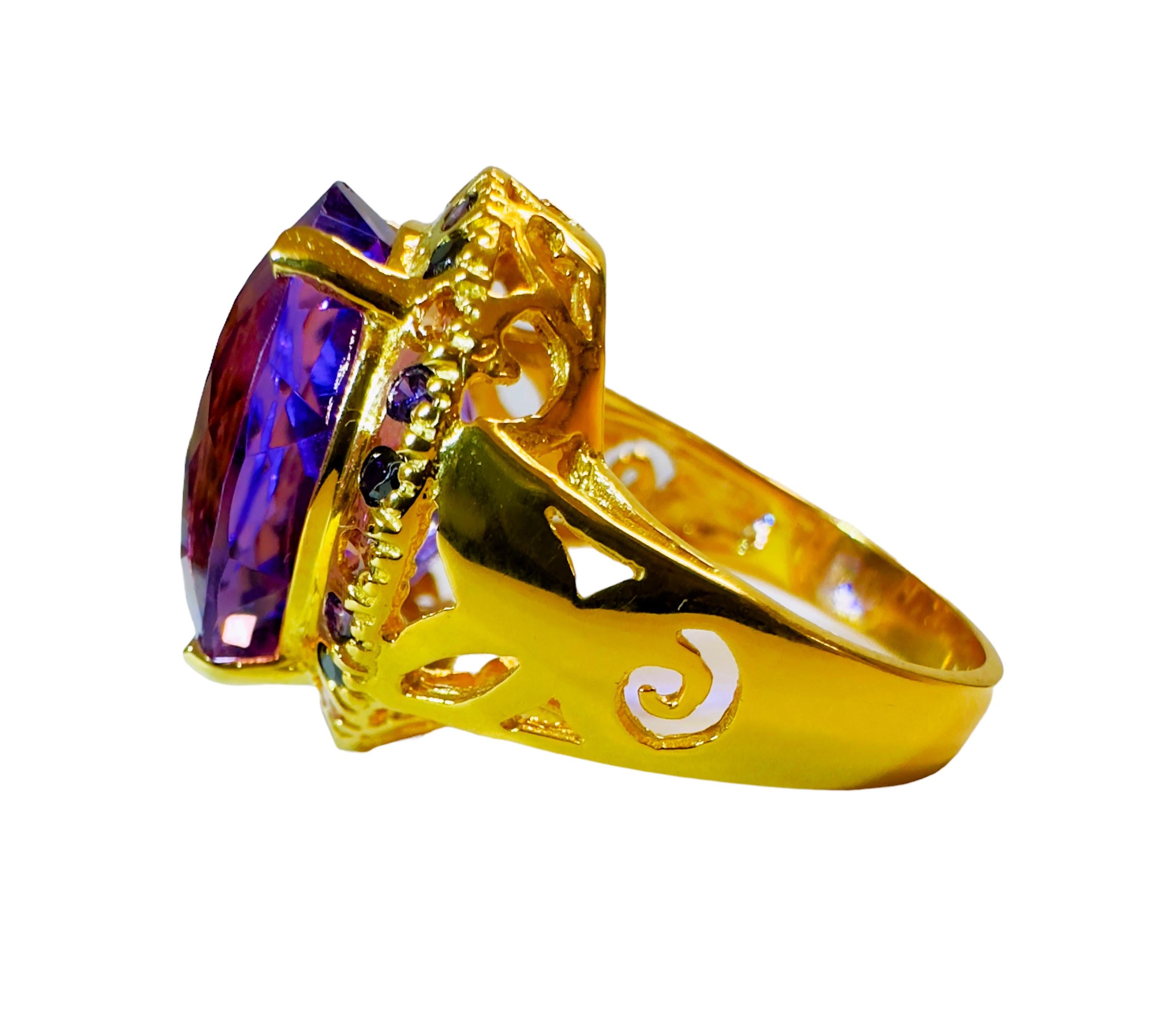 Art Deco New Brazilian 13.20 Carat Violet Amethyst & Sapphire YGold Plated Sterling Ring
