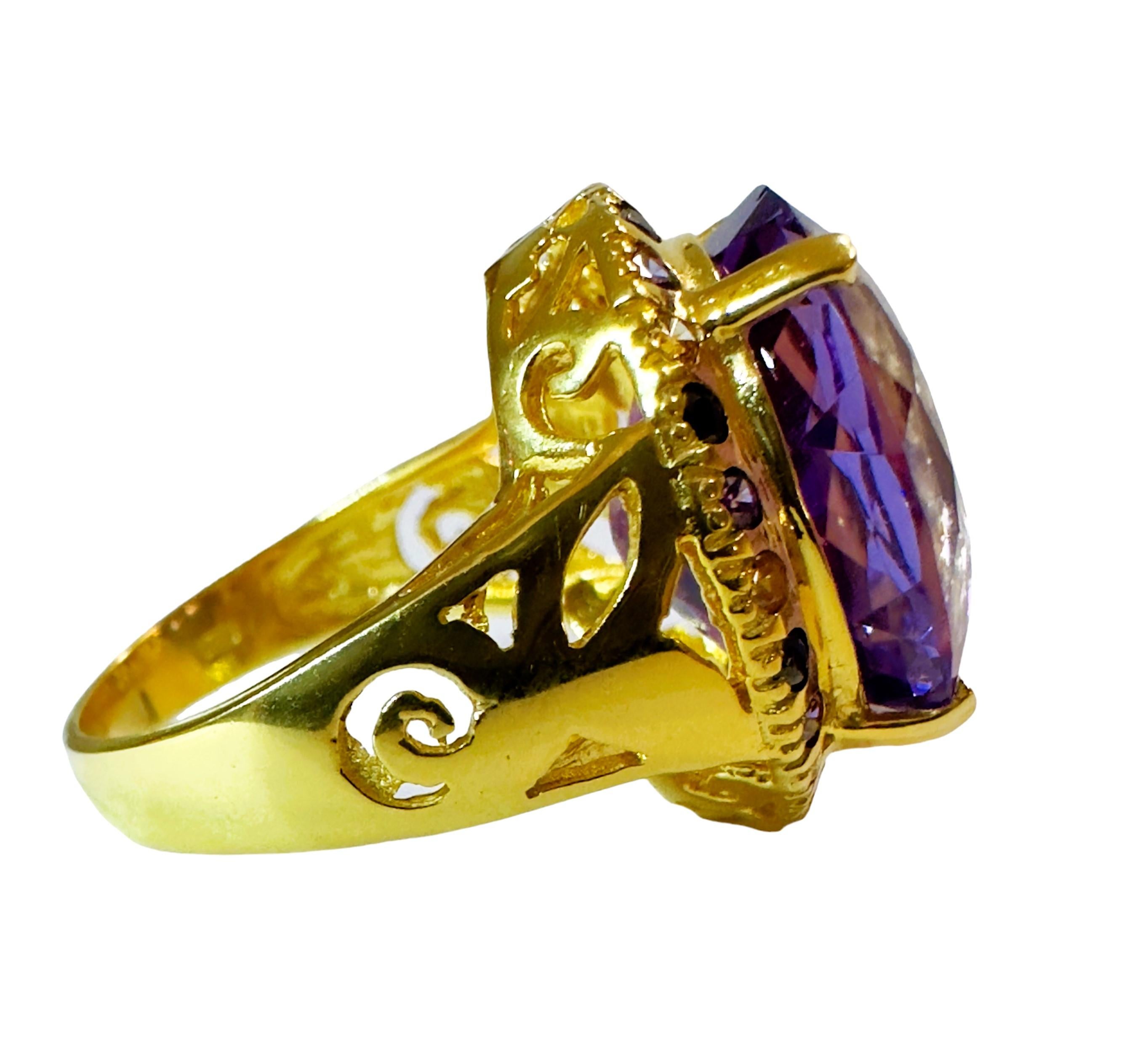 Oval Cut New Brazilian 13.20 Carat Violet Amethyst & Sapphire YGold Plated Sterling Ring