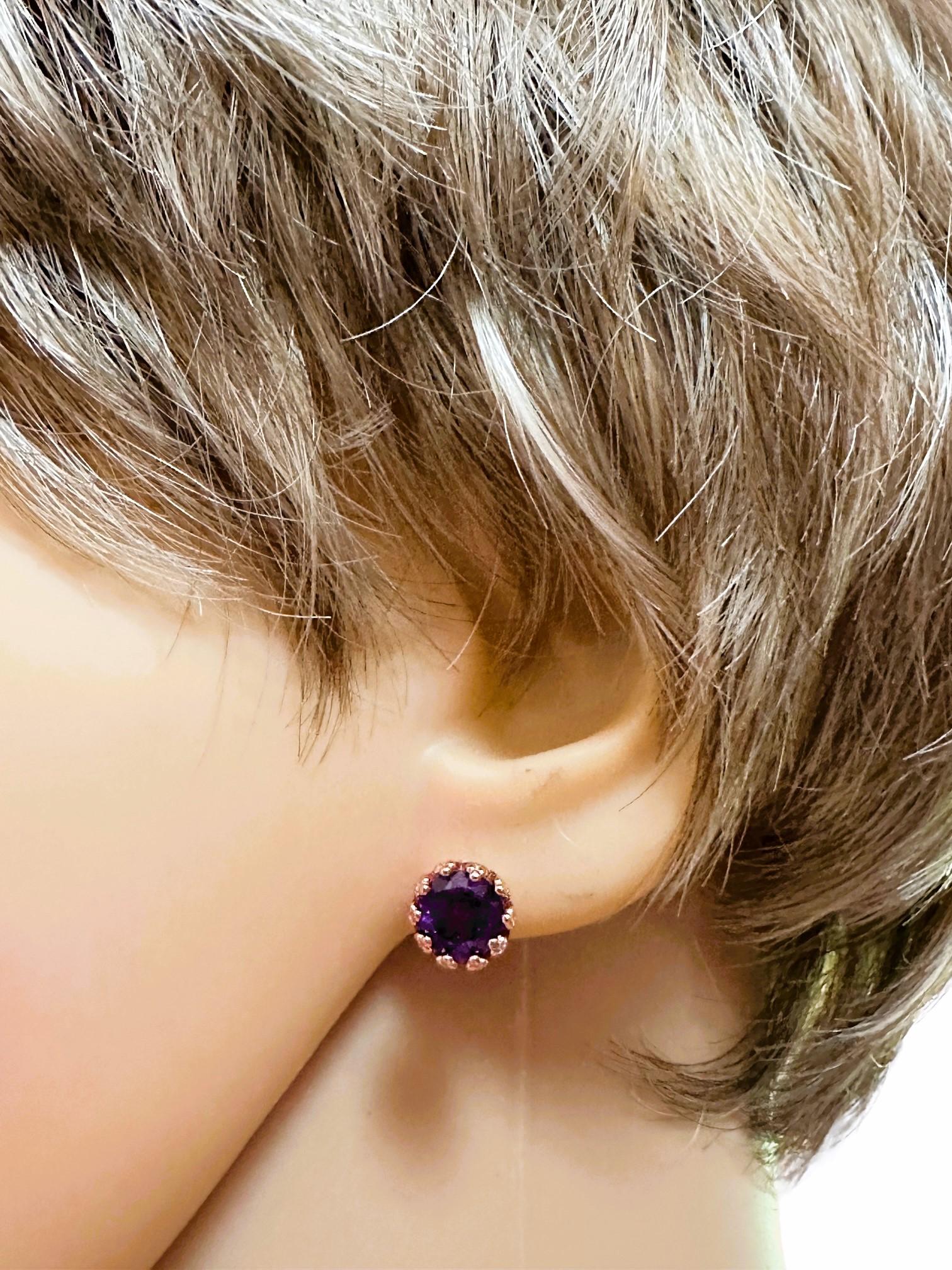New Brazilian 2.56 Ct Purple Amethyst Rose Gold Plated Sterling Post Earrings For Sale 3