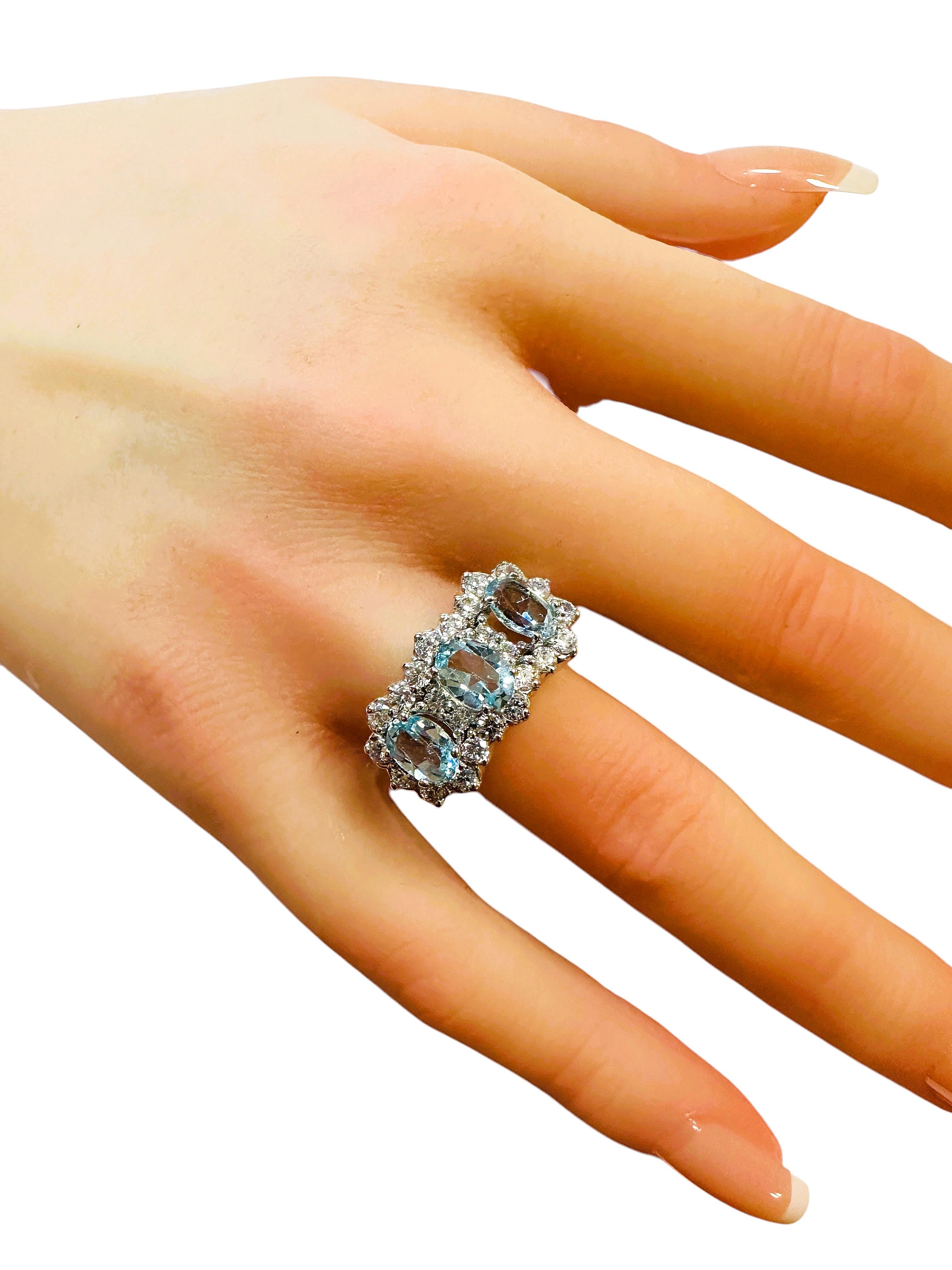 New Brazilian 3-Stone 2.60 Ct Light Blue & White Sapphire Sterling Ring For Sale 1