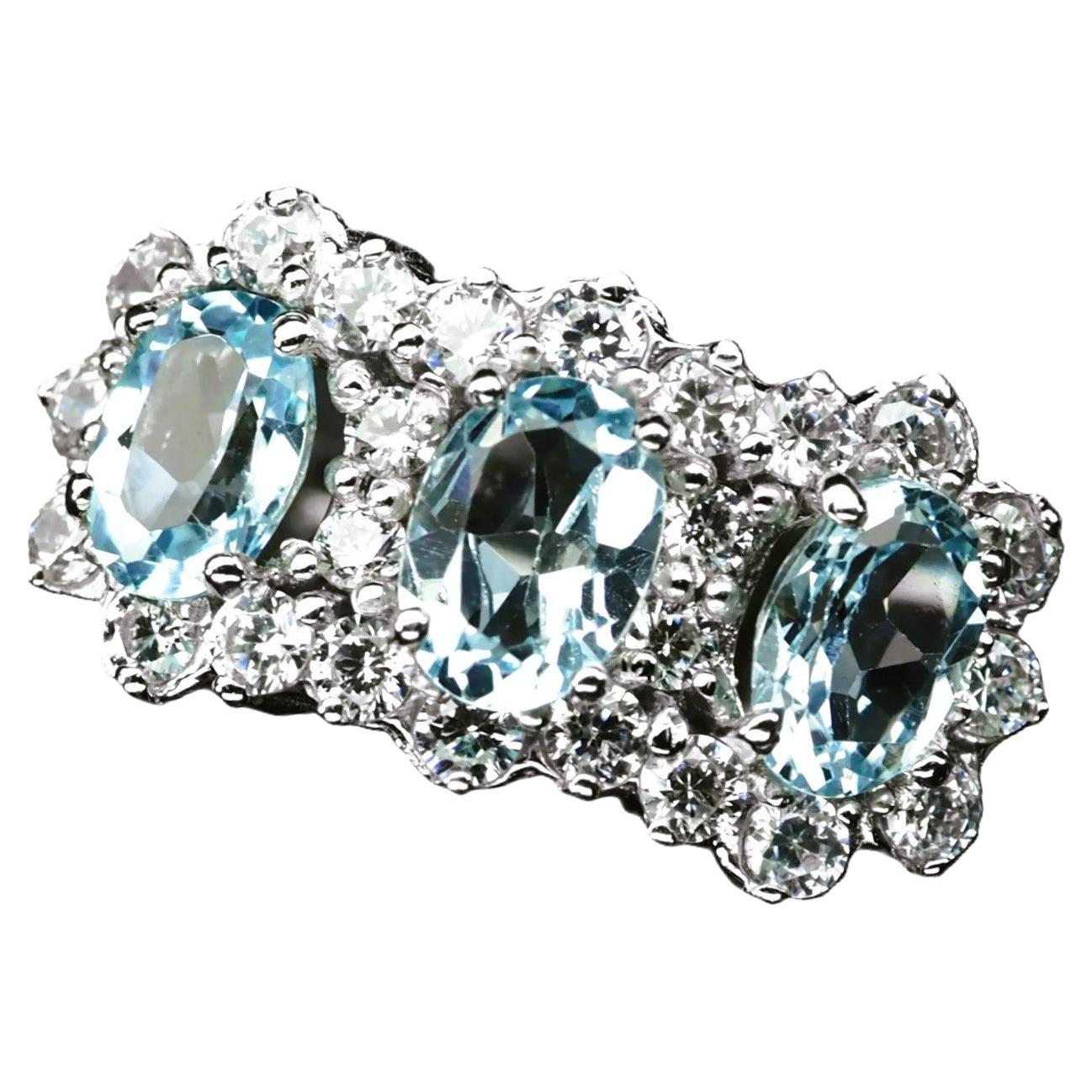 New Brazilian 3-Stone 2.60 Ct Light Blue & White Sapphire Sterling Ring
