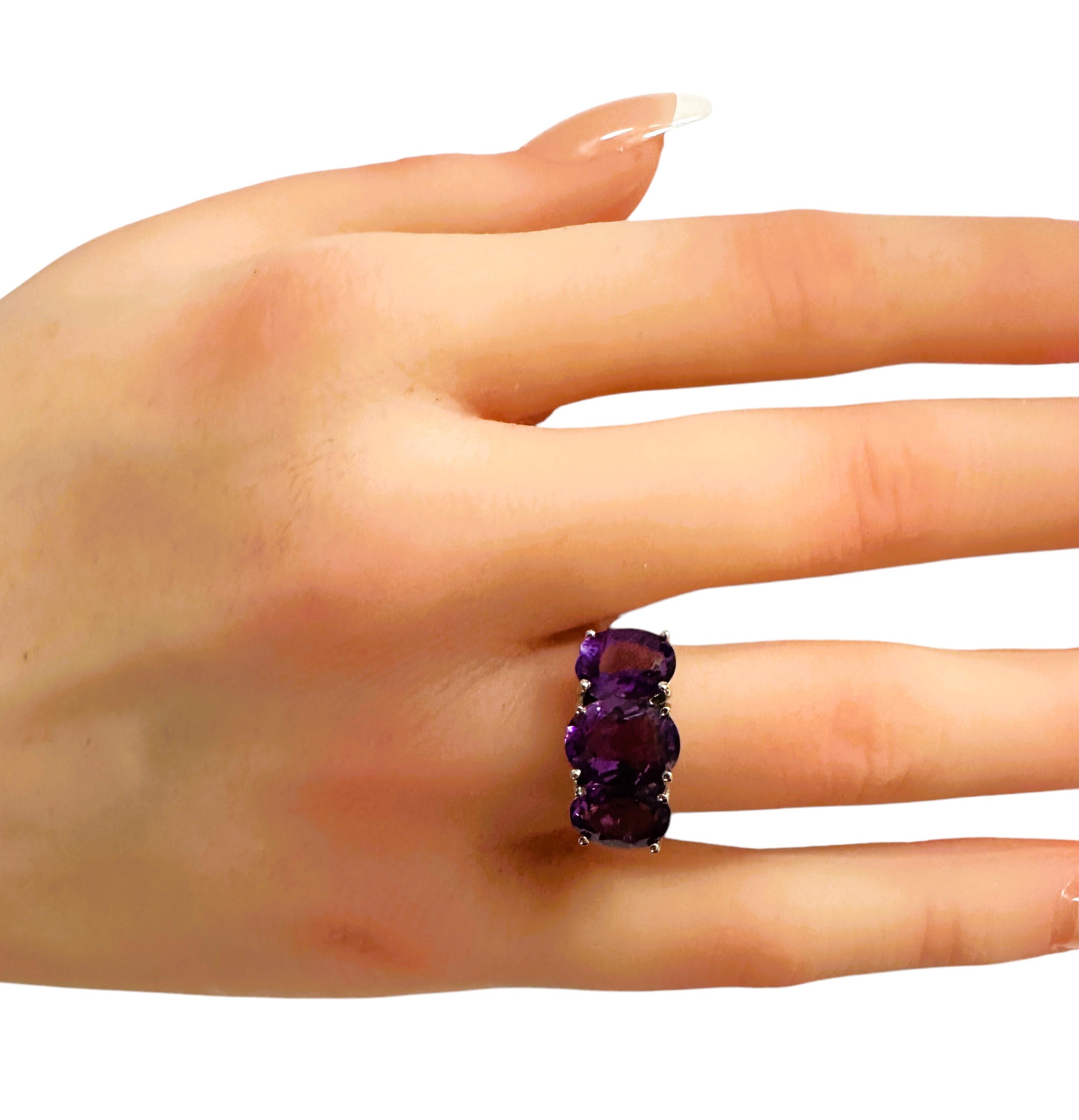 New Brazilian 3-Stone 5.58 Ct Fancy Cut Amethyst Sterling Silver Ring size 6 1