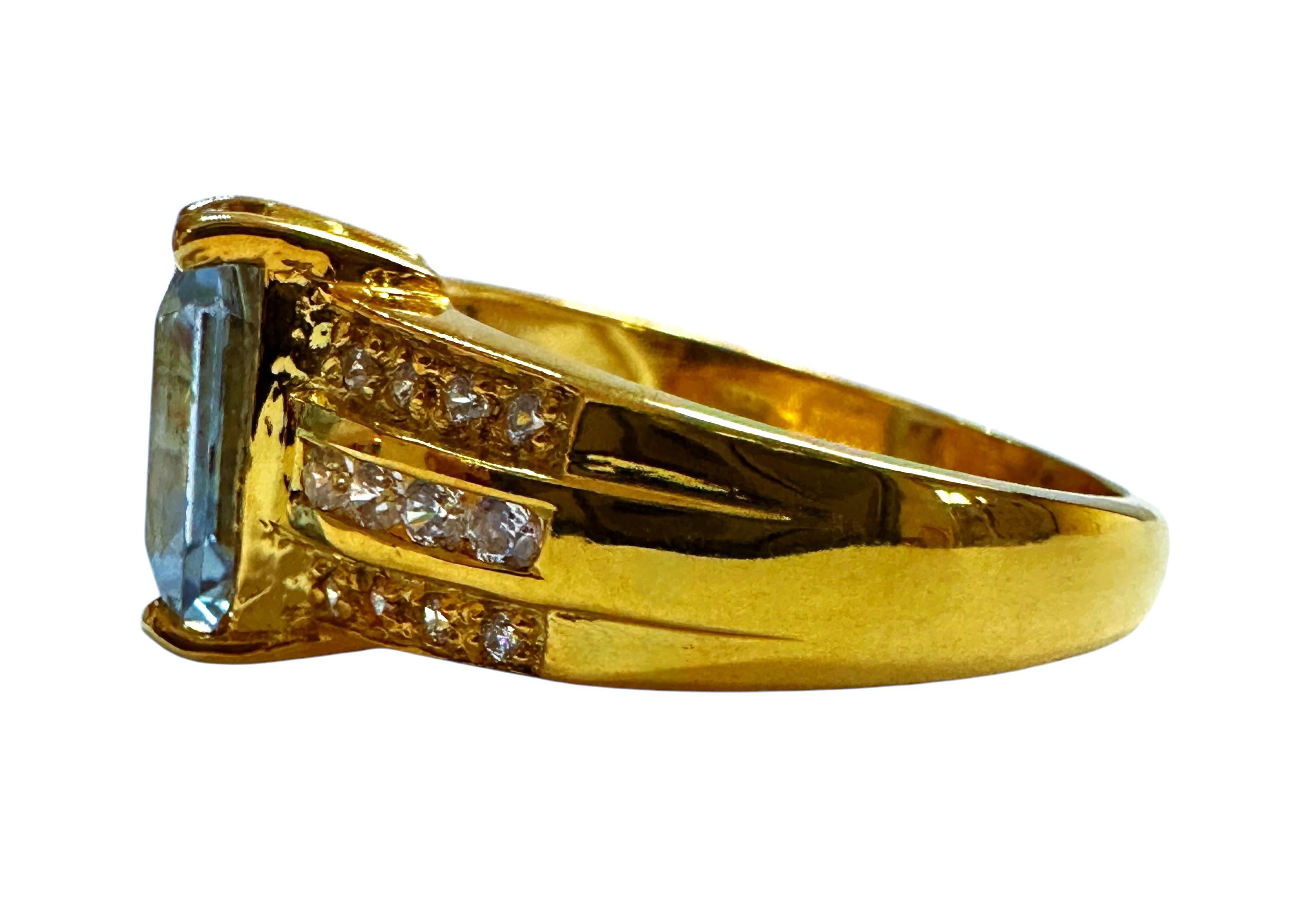Art Deco New Brazilian 3.02 ct Sea Blue Aquamarine & Sapphire YGold Plated Sterling Ring For Sale