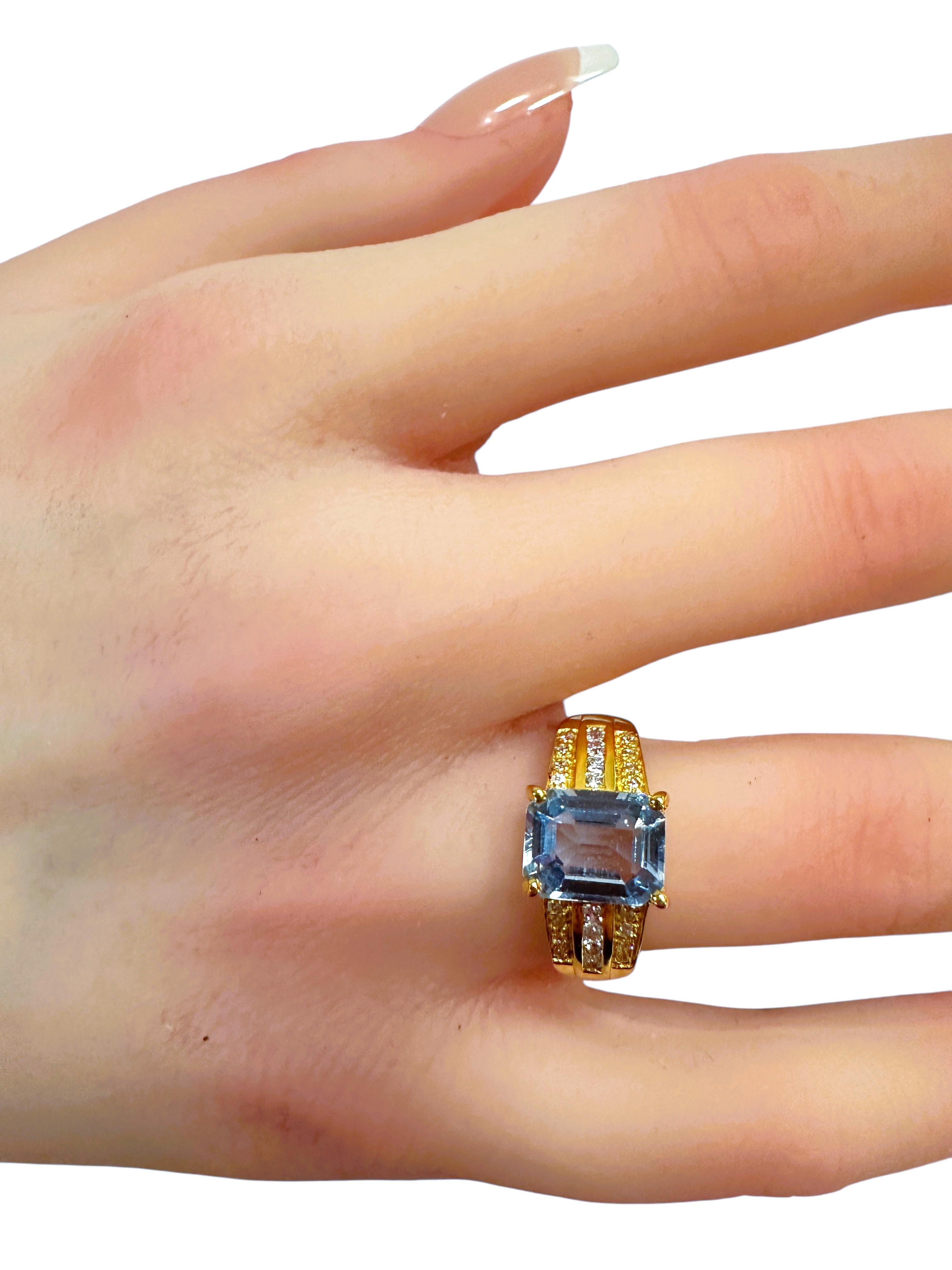 New Brazilian 3.02 ct Sea Blue Aquamarine & Sapphire YGold Plated Sterling Ring For Sale 1