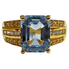 New Brazilian 3.02 ct Sea Blue Aquamarine & Sapphire YGold Plated Sterling Ring