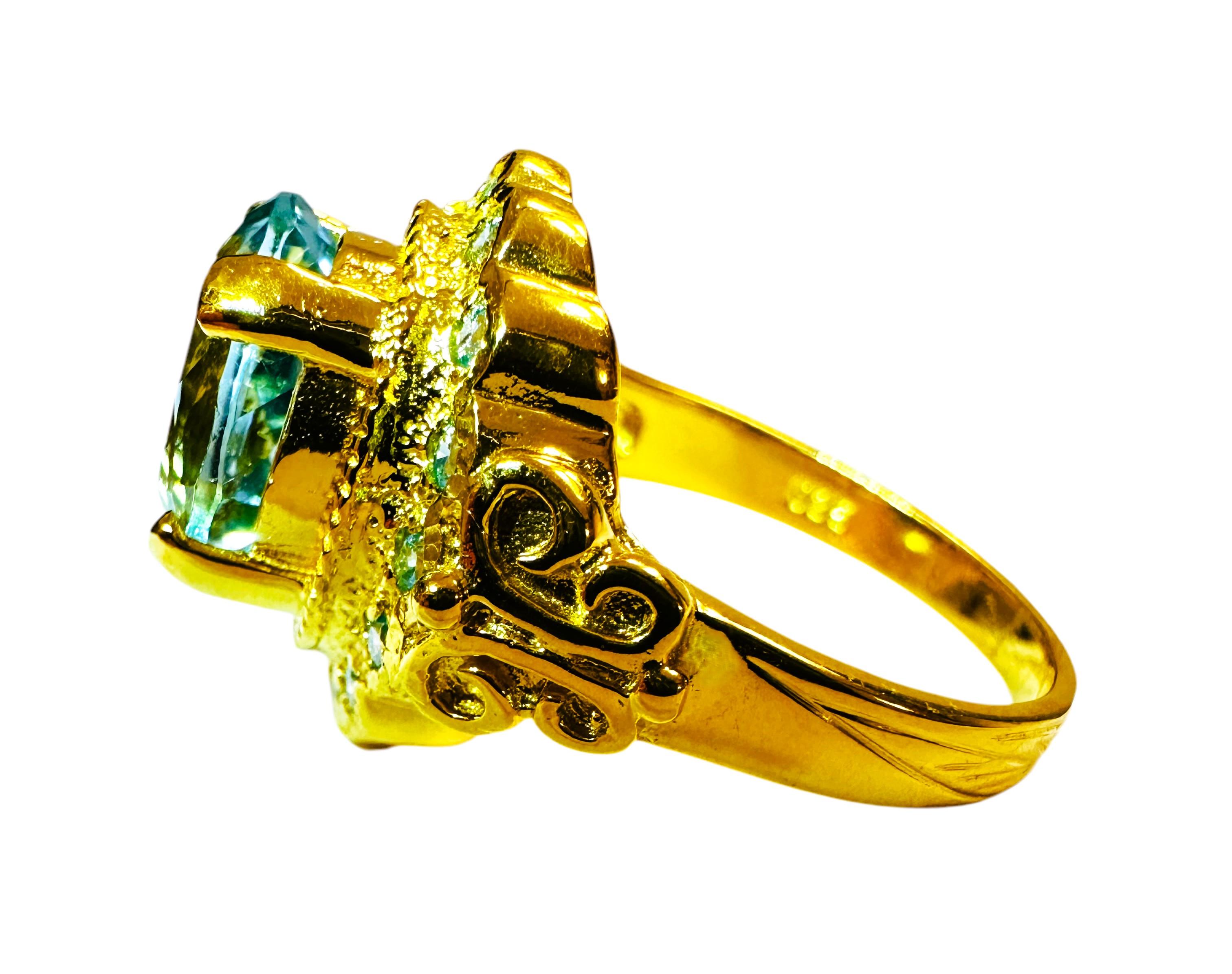 Art Deco New  3.2 Carat Aquamarine & Diamond Cut Sapphire Y Gold PL Sterling Ring