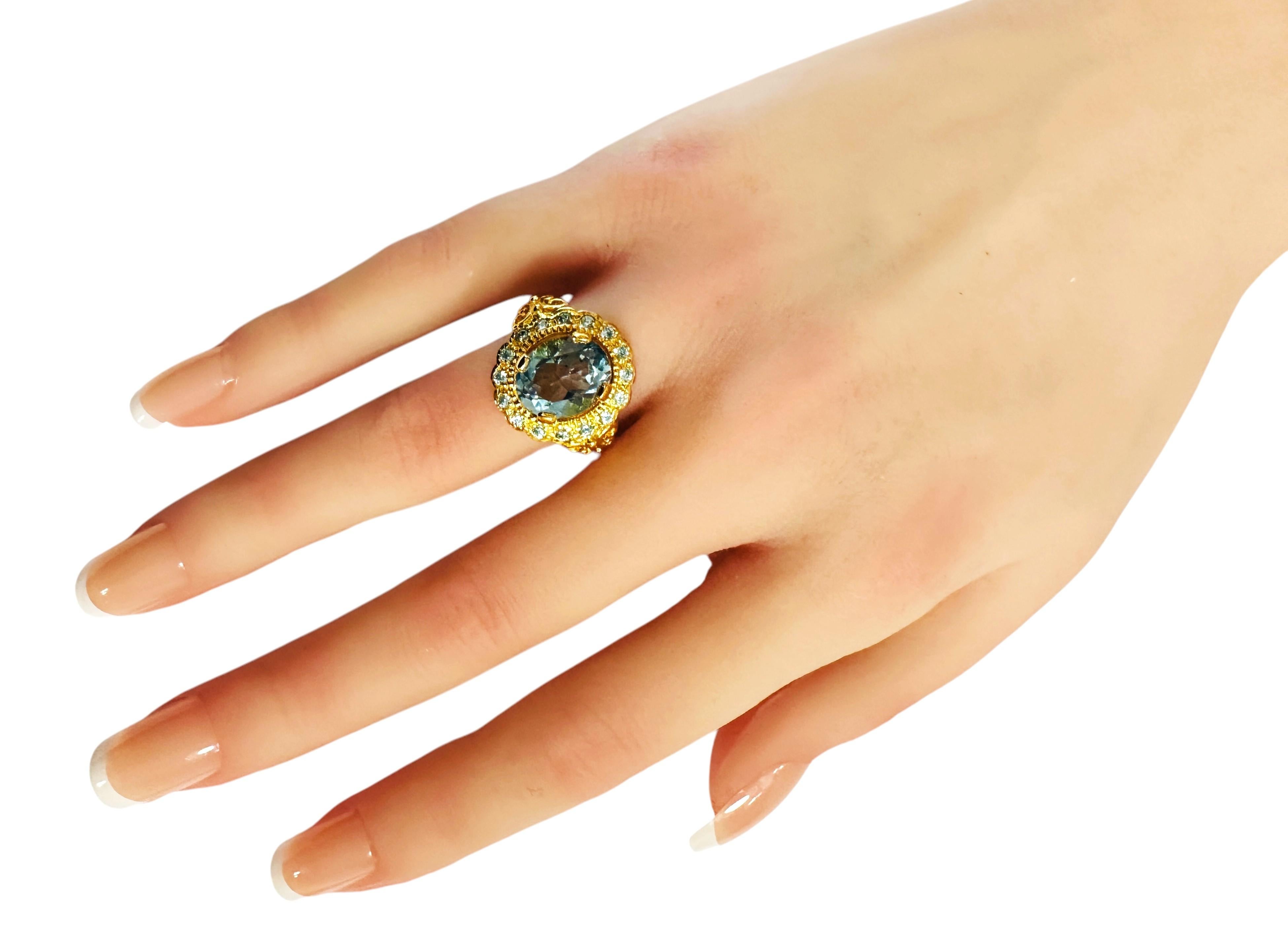 Women's New  3.2 Carat Aquamarine & Diamond Cut Sapphire Y Gold PL Sterling Ring