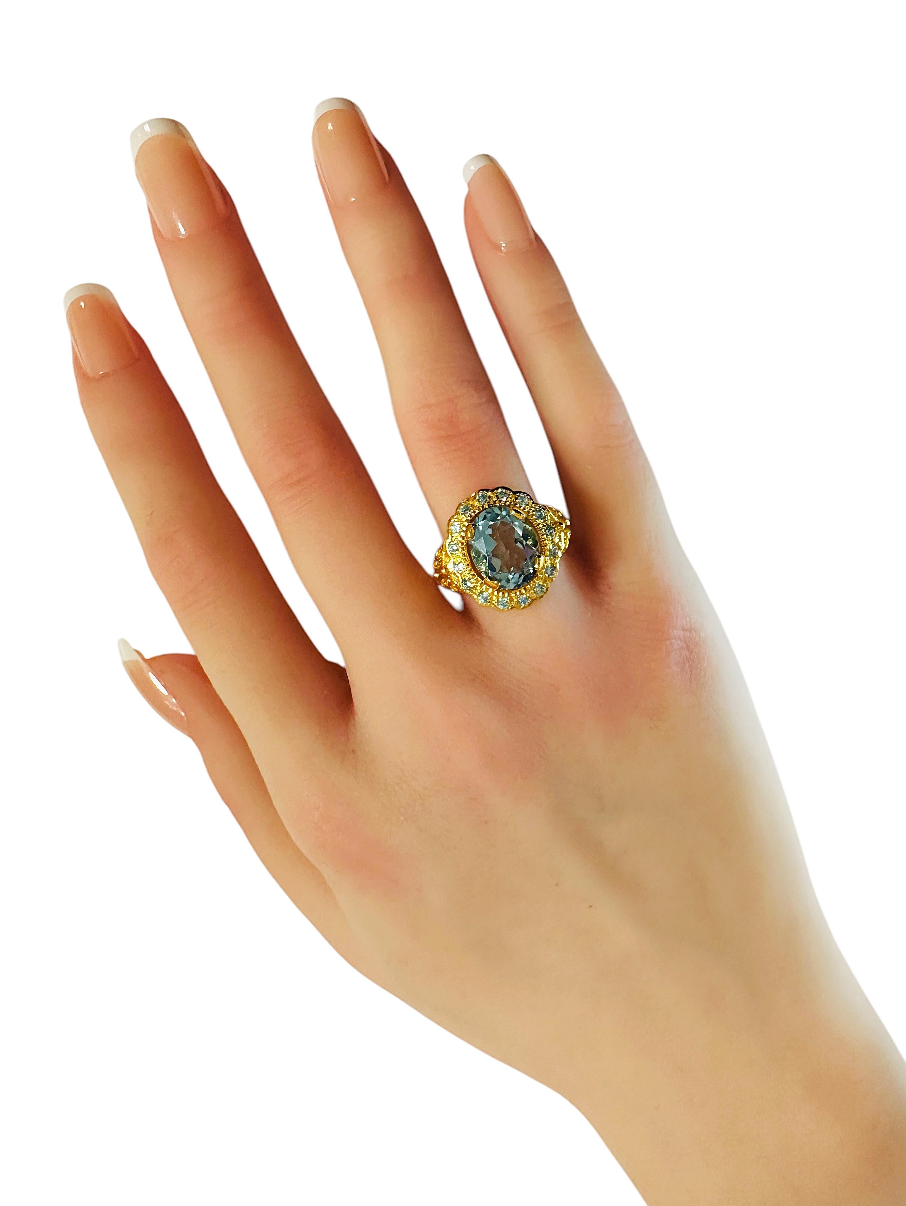 New  3.2 Carat Aquamarine & Diamond Cut Sapphire Y Gold PL Sterling Ring 1