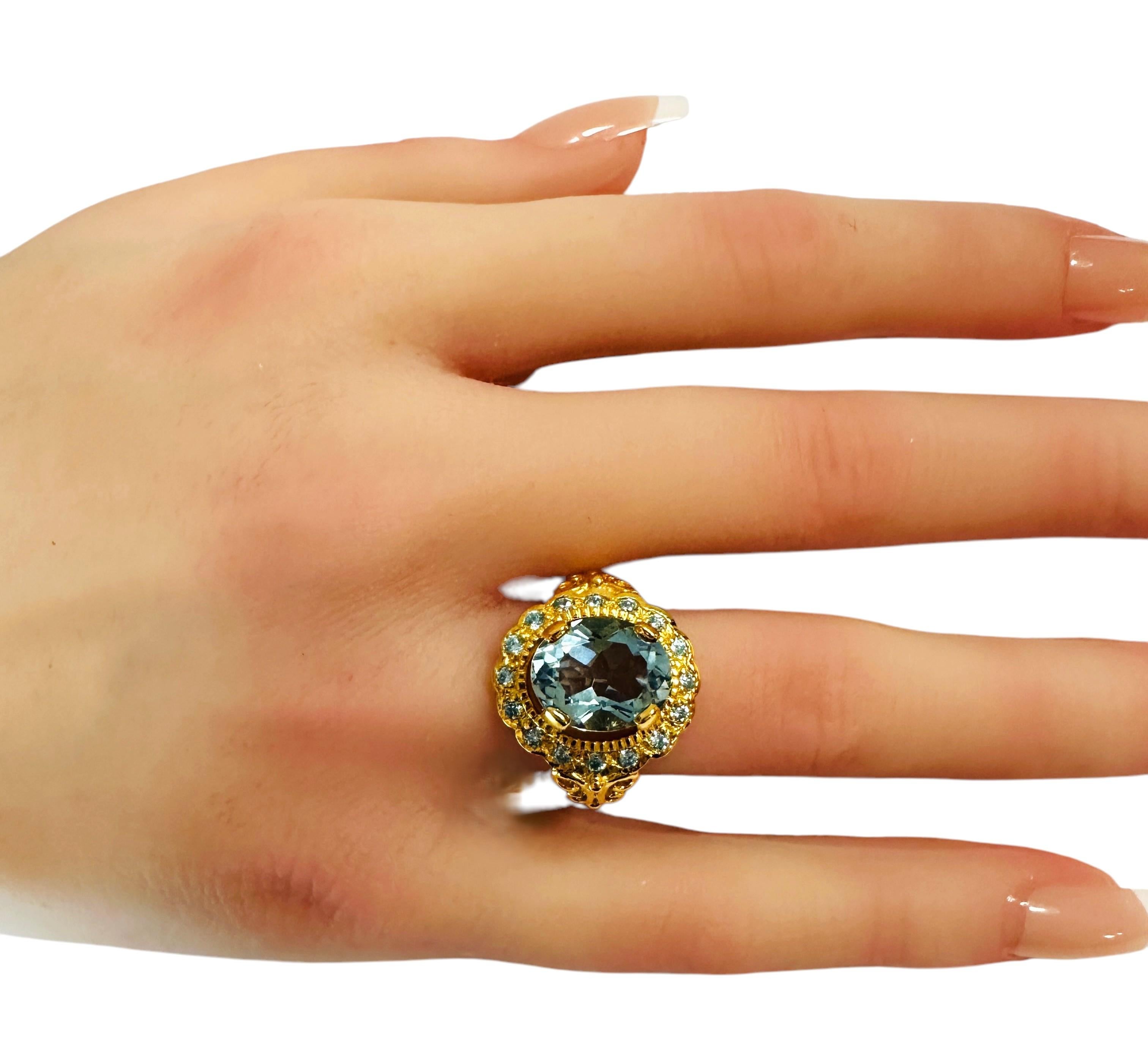 New  3.2 Carat Aquamarine & Diamond Cut Sapphire Y Gold PL Sterling Ring 2