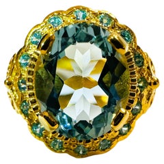 Neu  3.2 Karat Aquamarin & Diamantschliff Saphir Y Gold PL Sterling Ring
