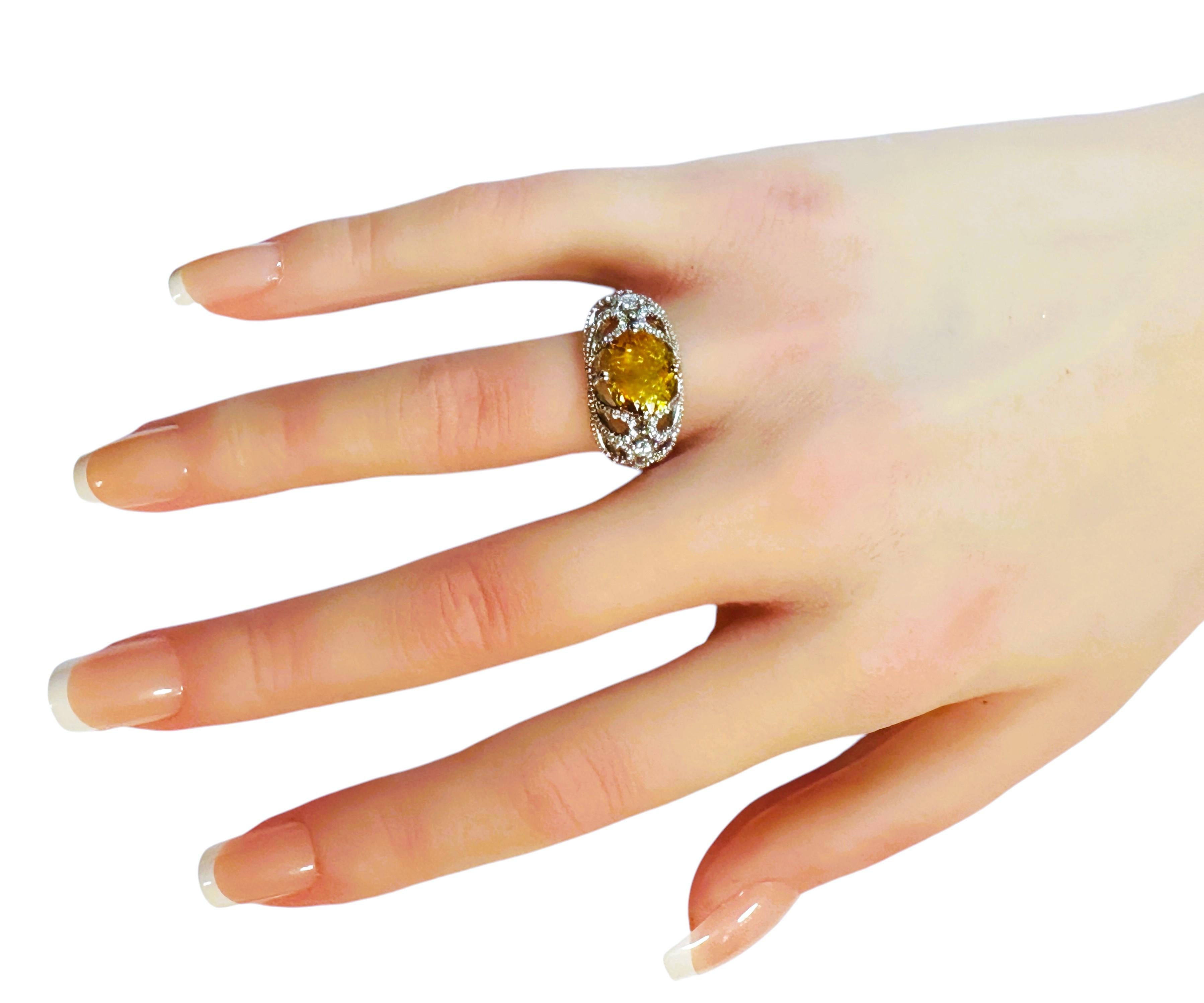 New Brazilian 3.60 Ct Golden Orange Citrine & Sapphire Filigree Sterling Ring In New Condition For Sale In Eagan, MN