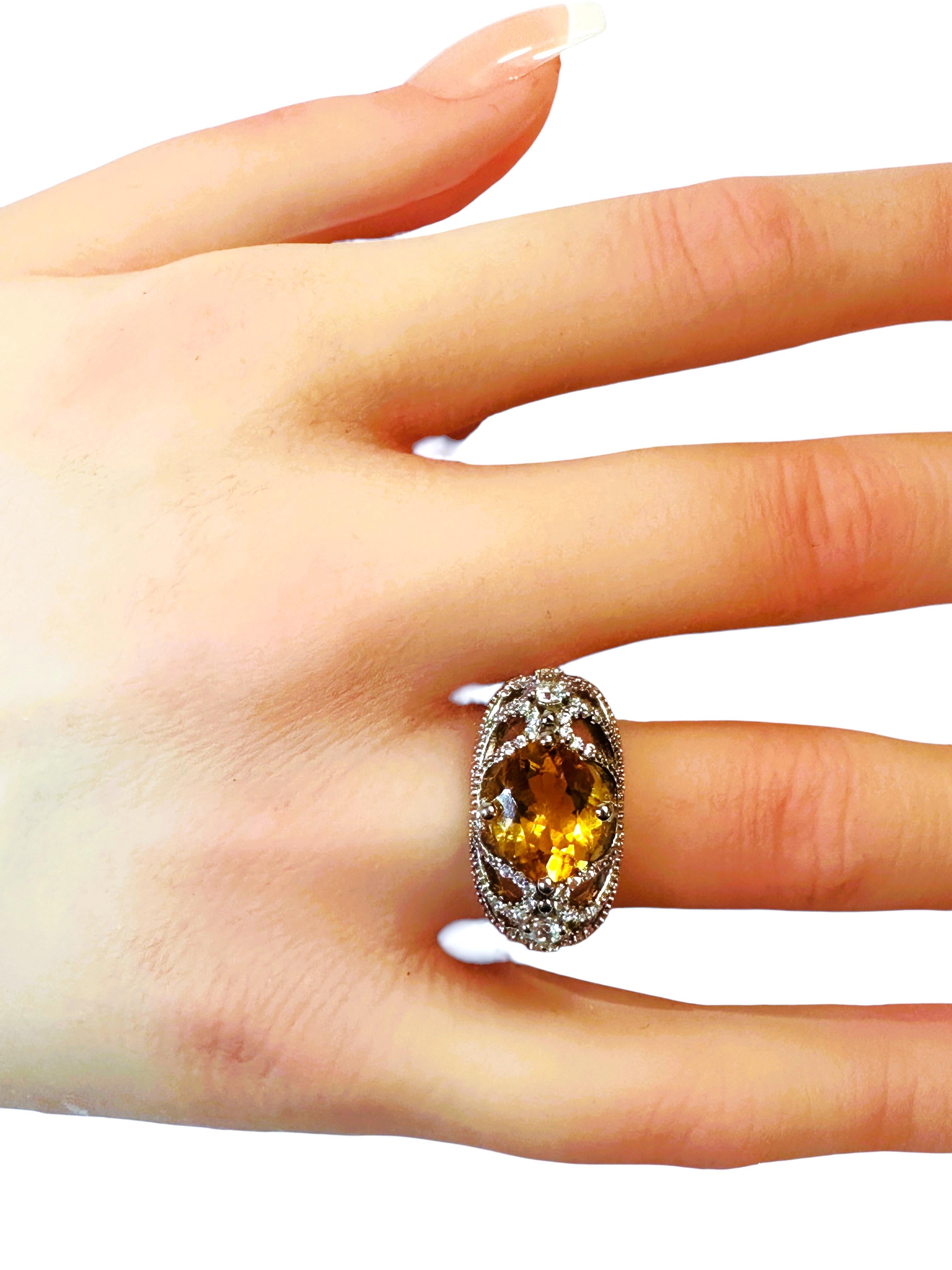 Women's New Brazilian 3.60 Ct Golden Orange Citrine & Sapphire Filigree Sterling Ring For Sale