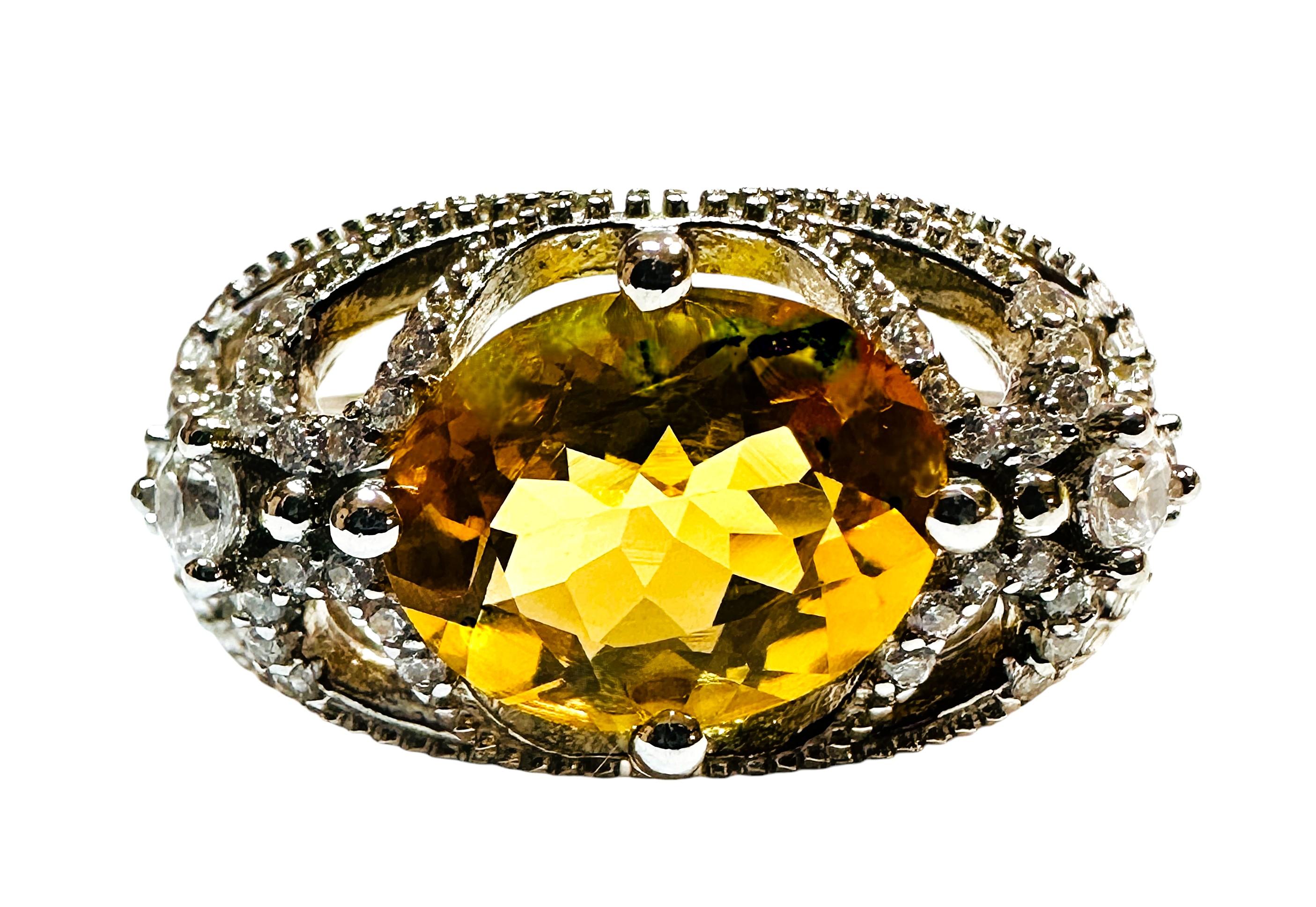 New Brazilian 3.60 Ct Golden Orange Citrine & Sapphire Filigree Sterling Ring For Sale 1