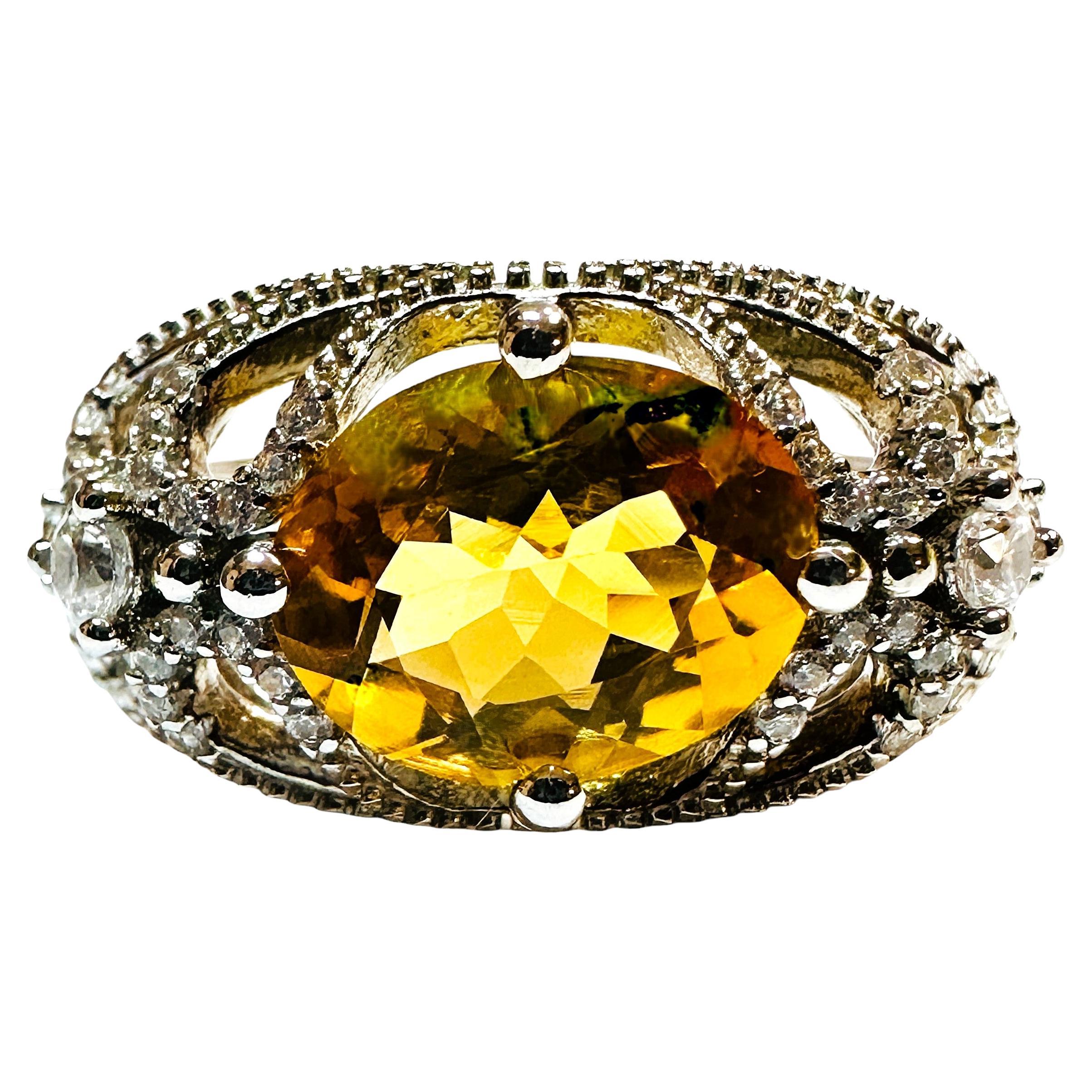 New Brazilian 3.60 Ct Golden Orange Citrine & Sapphire Filigree Sterling Ring