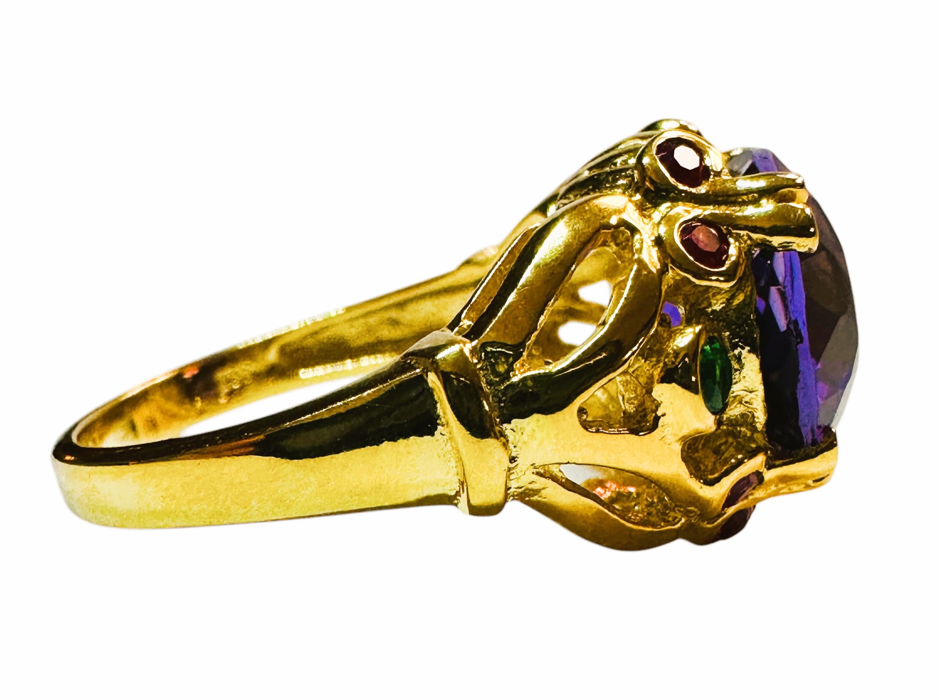 New Brazilian 5 Ct Purple Amethyst & Diamond Cut Tsavorite YGold Sterling Ring In New Condition In Eagan, MN