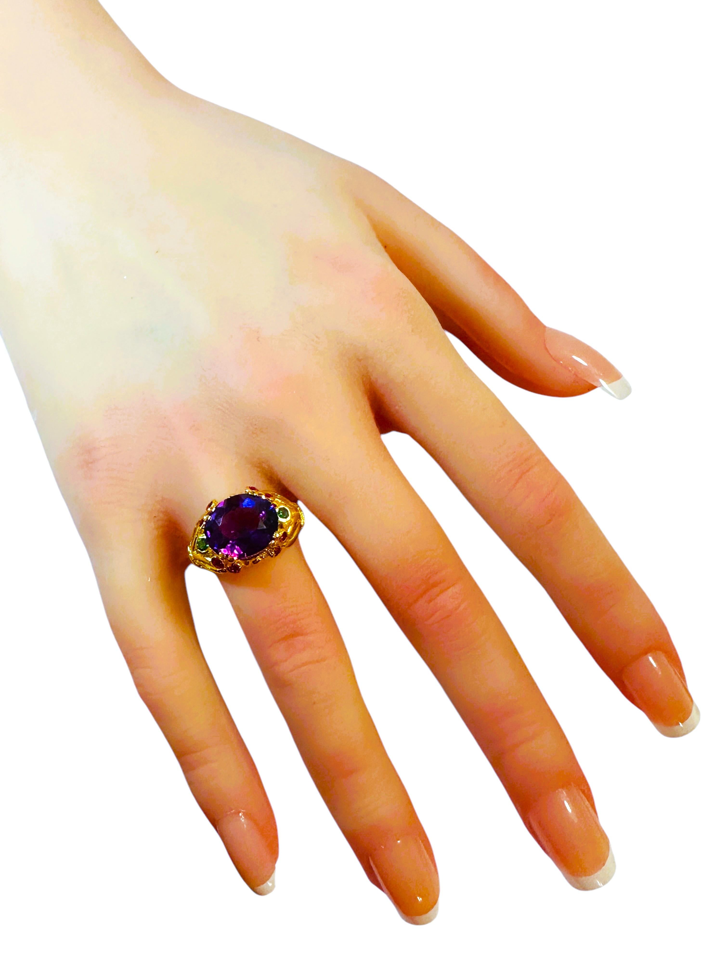 Women's New Brazilian 5 Ct Purple Amethyst & Diamond Cut Tsavorite YGold Sterling Ring