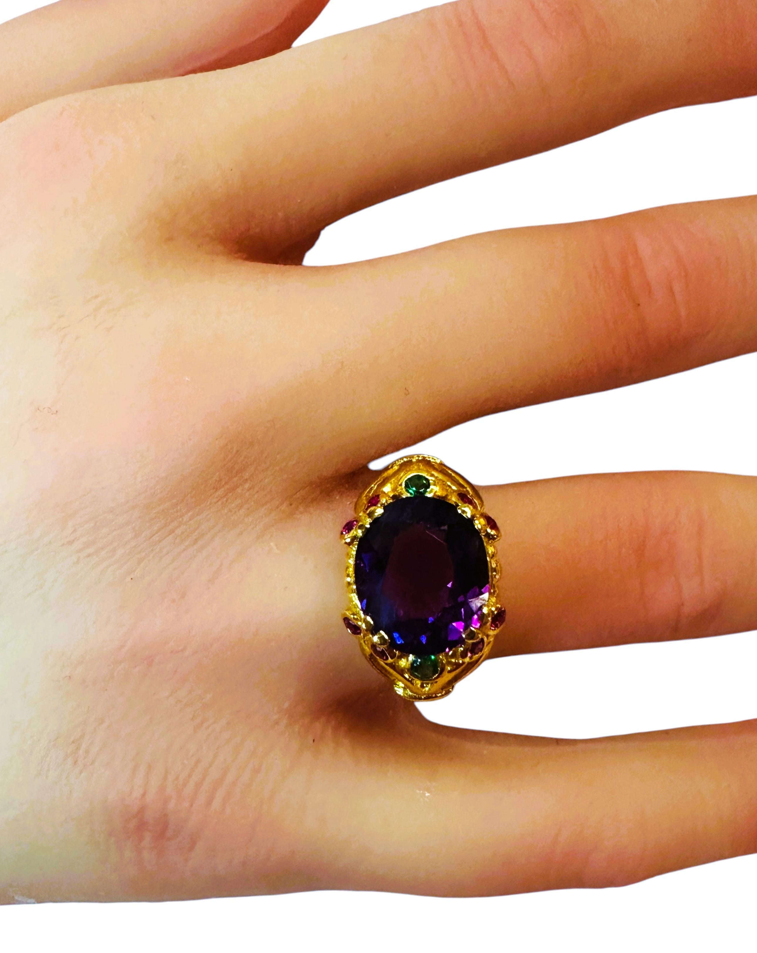 New Brazilian 5 Ct Purple Amethyst & Diamond Cut Tsavorite YGold Sterling Ring 1