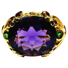 New Brazilian 5 Ct Purple Amethyst & Diamond Cut Tsavorite YGold Sterling Ring