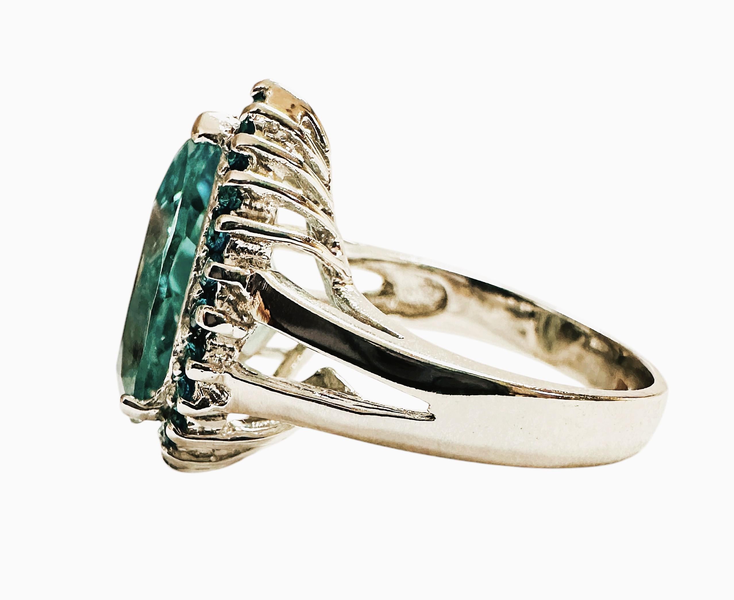 Art Deco New Brazilian 5.55 ct Pear Cut Sea Blue Aquamarine & Sapphire Sterling Ring