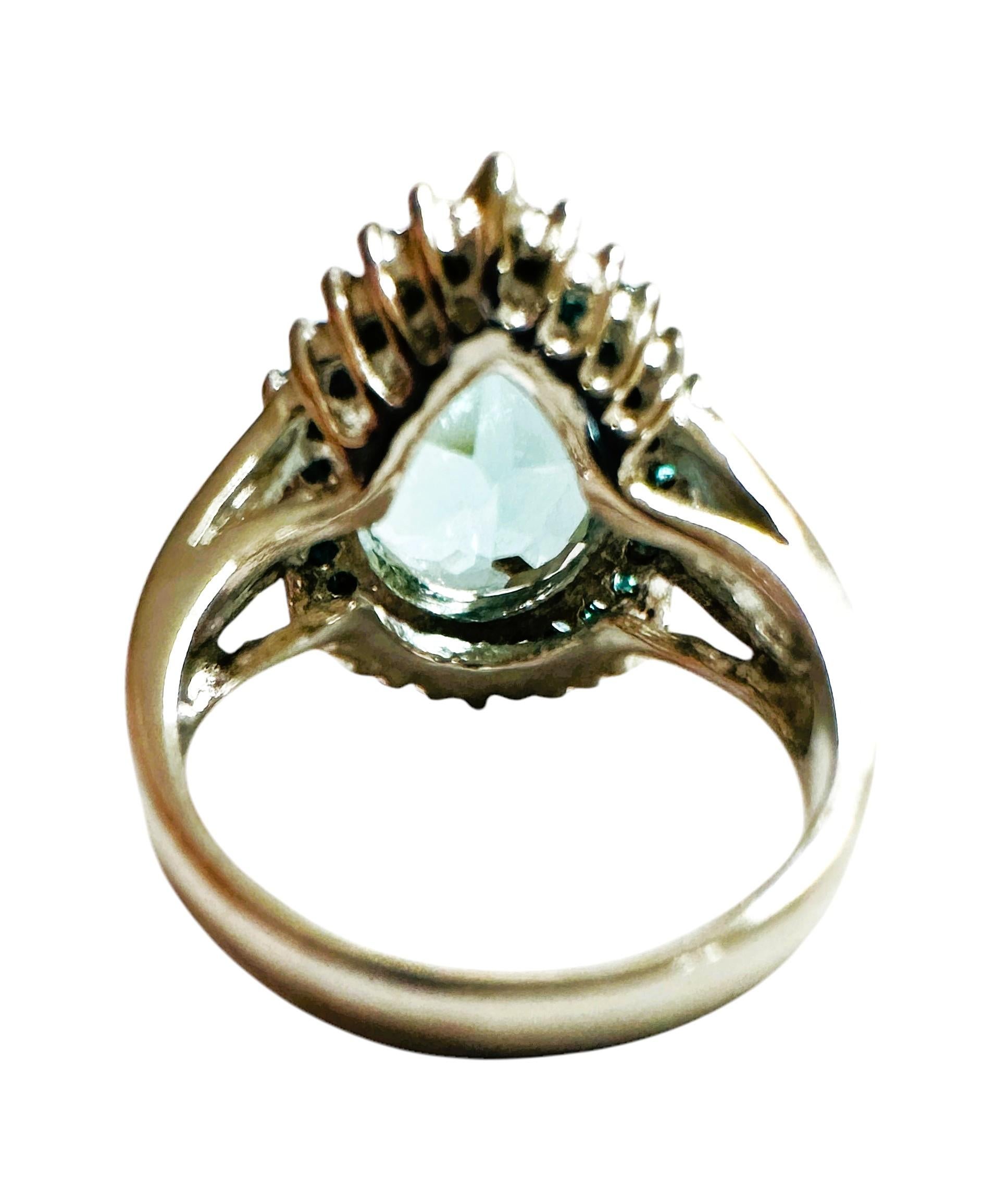 New Brazilian 5.55 ct Pear Cut Sea Blue Aquamarine & Sapphire Sterling Ring In New Condition In Eagan, MN