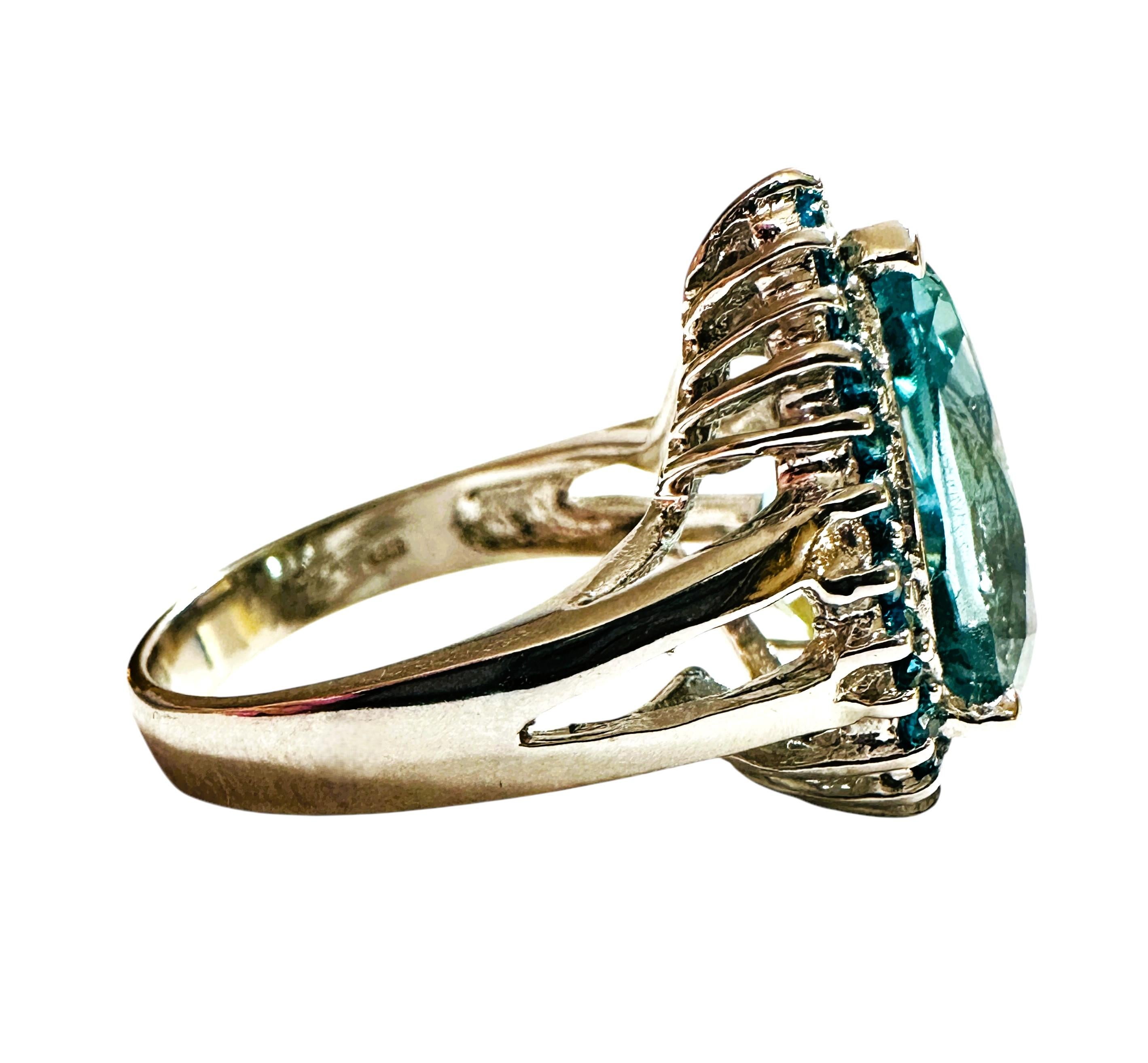 Women's New Brazilian 5.55 ct Pear Cut Sea Blue Aquamarine & Sapphire Sterling Ring
