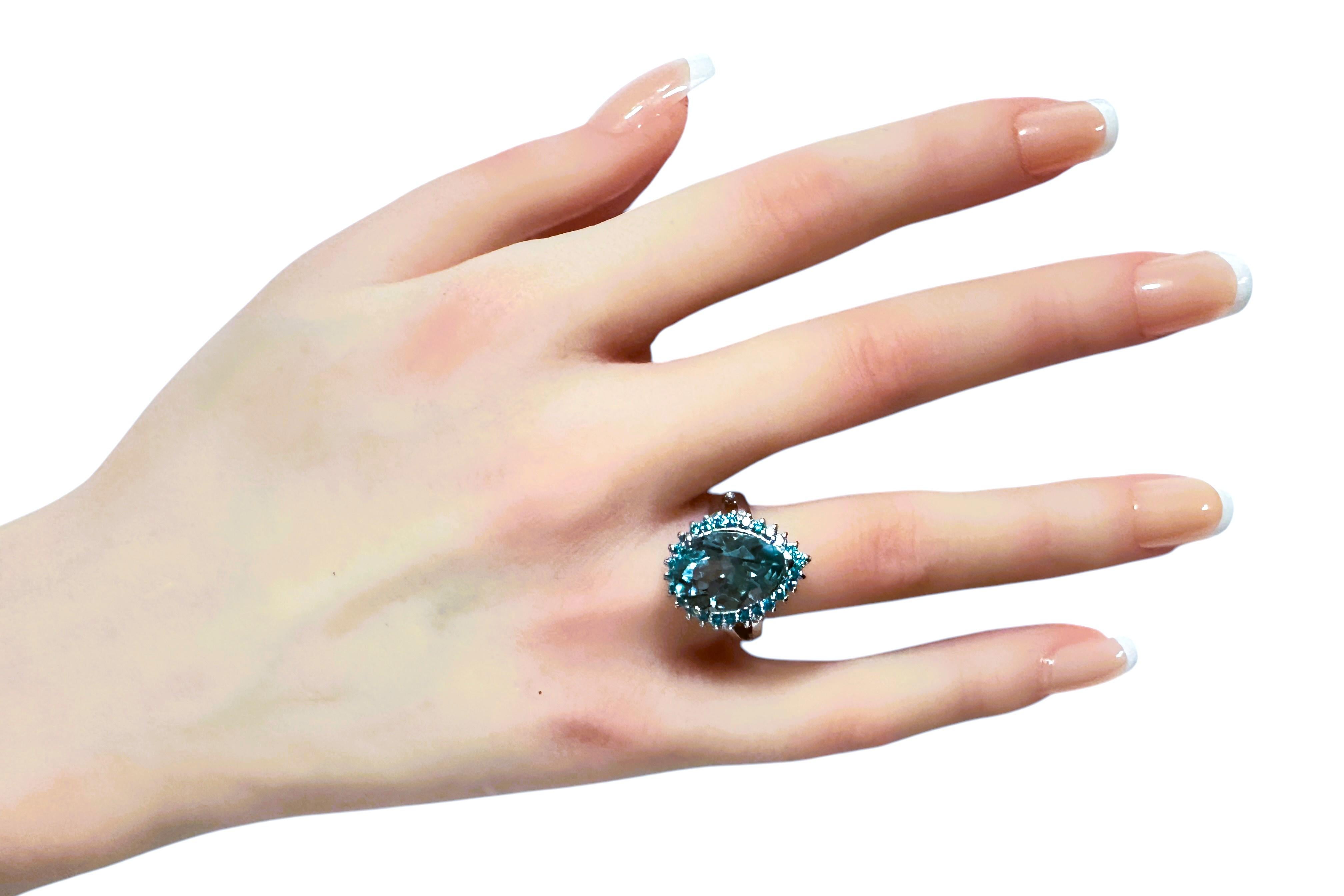 New Brazilian 5.55 ct Pear Cut Sea Blue Aquamarine & Sapphire Sterling Ring 1