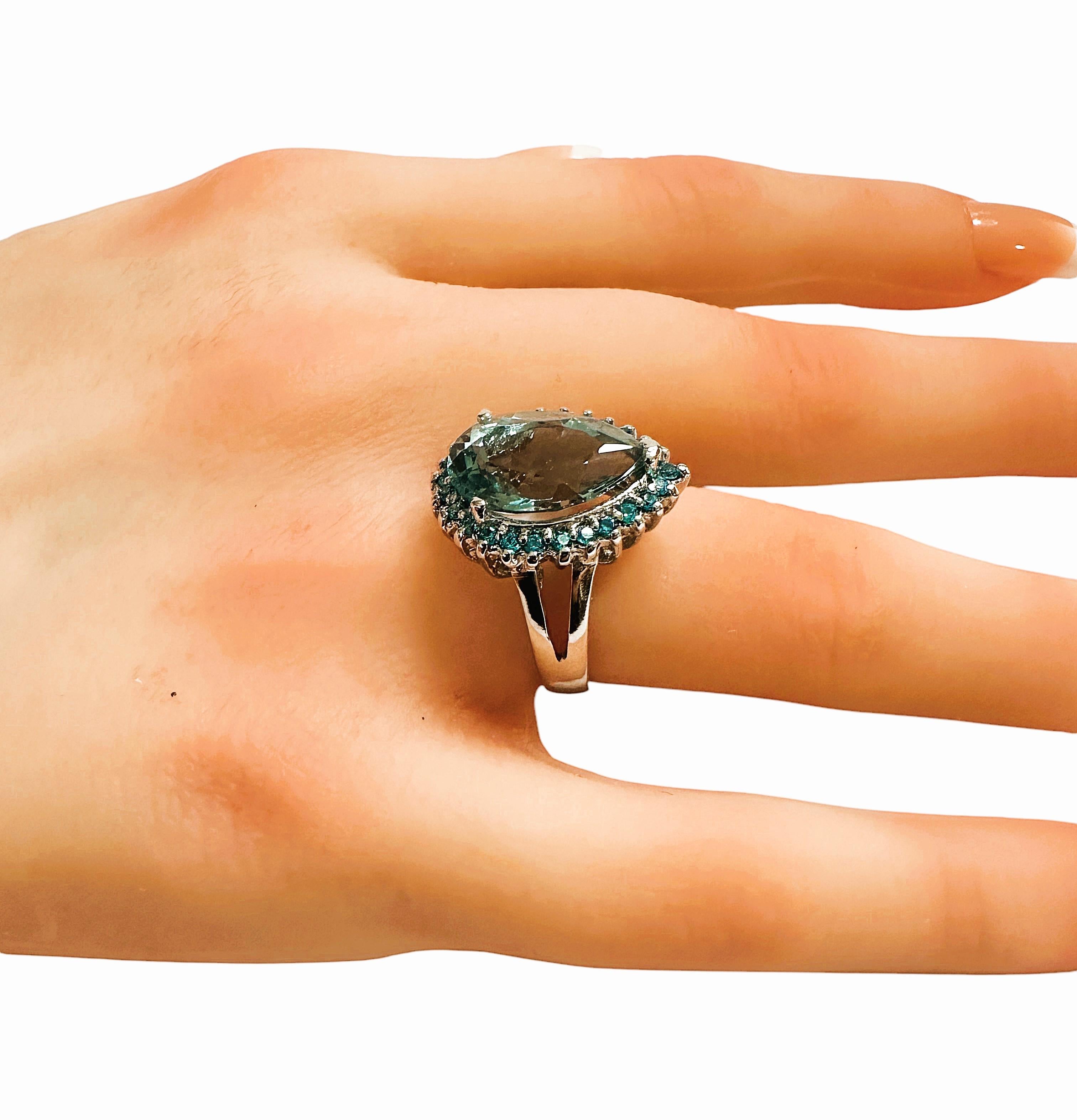 New Brazilian 5.55 ct Pear Cut Sea Blue Aquamarine & Sapphire Sterling Ring 2