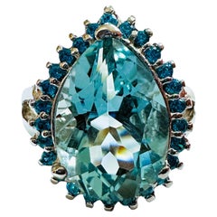 New Brazilian 5.55 ct Pear Cut Sea Blue Aquamarine & Sapphire Sterling Ring