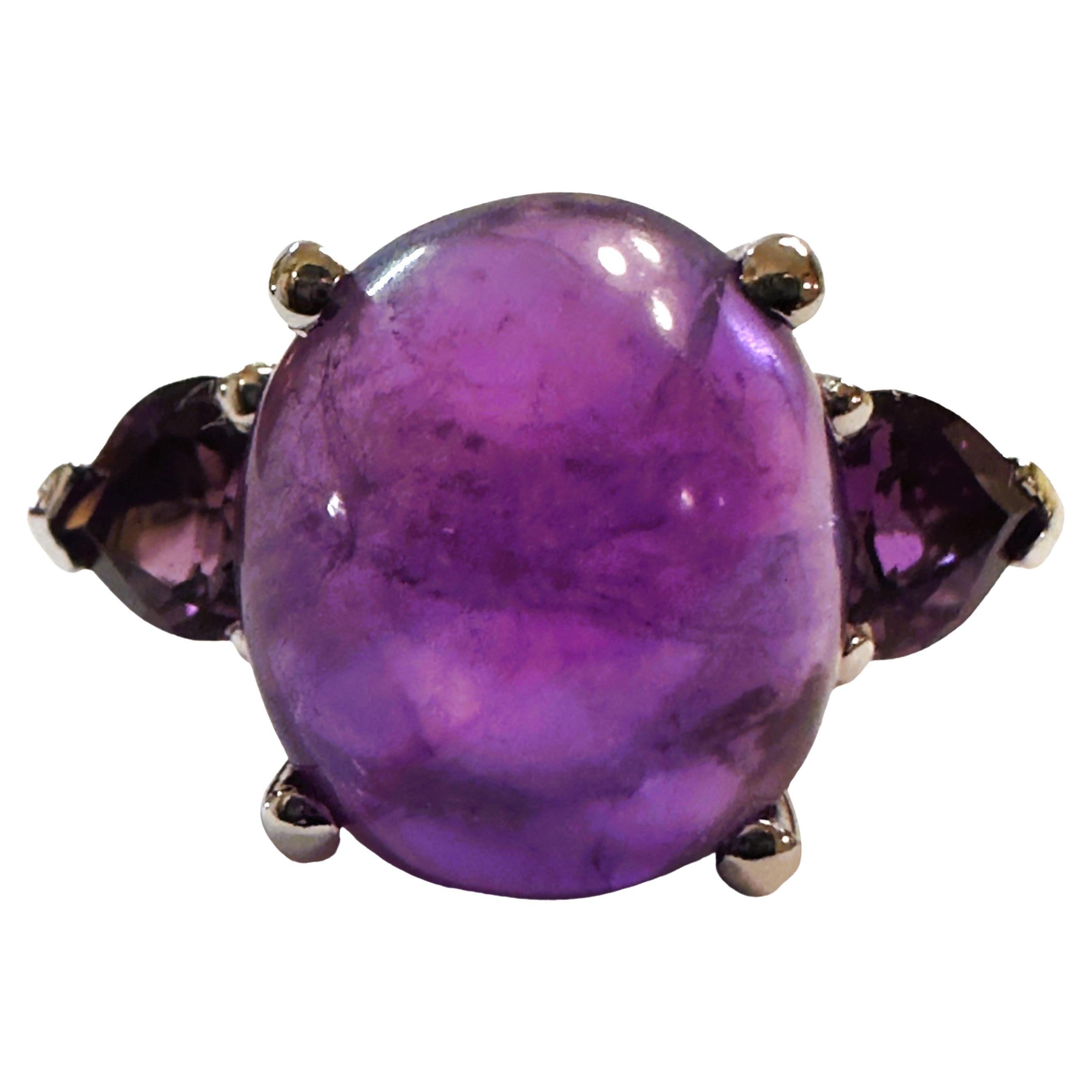 New Brazilian 7.3 Ct Cabochon & Trillion Cut Amethyst Sterling Ring Size 7 For Sale