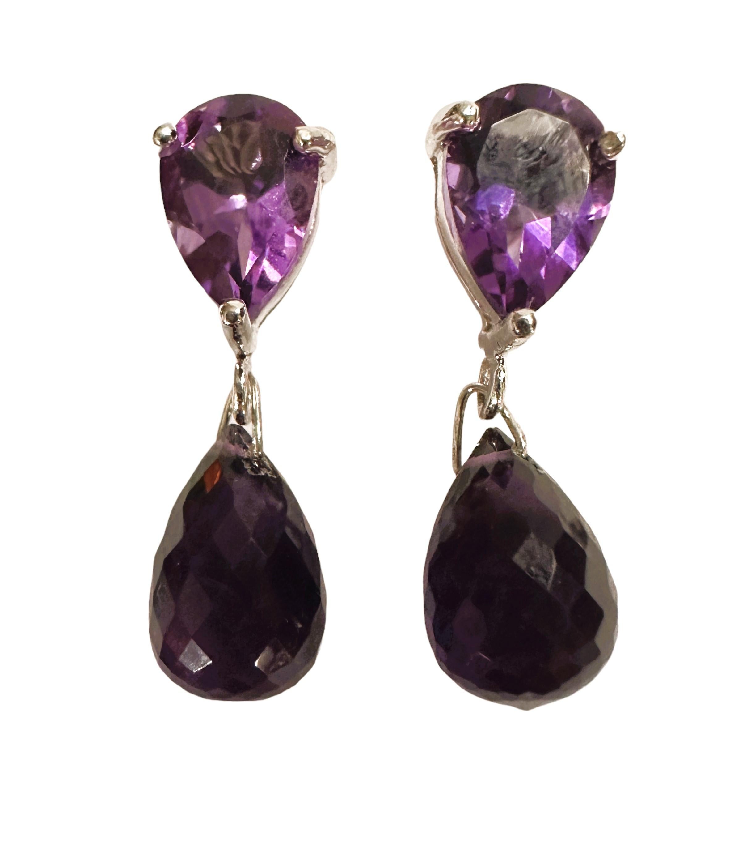 Pear Cut New Brazilian Fancy Cut Purple Amethyst Sterling Post Earrings For Sale