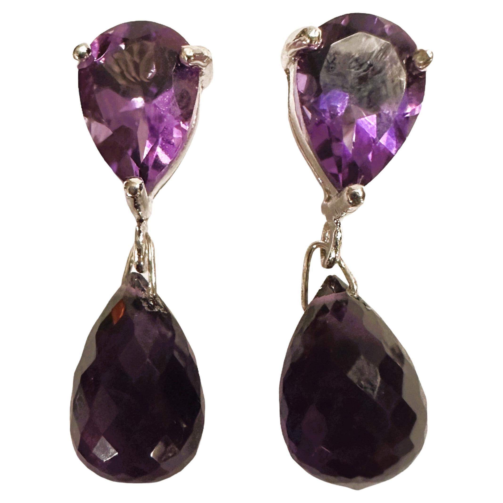 New Brazilian Fancy Cut Purple Amethyst Sterling Post Earrings For Sale