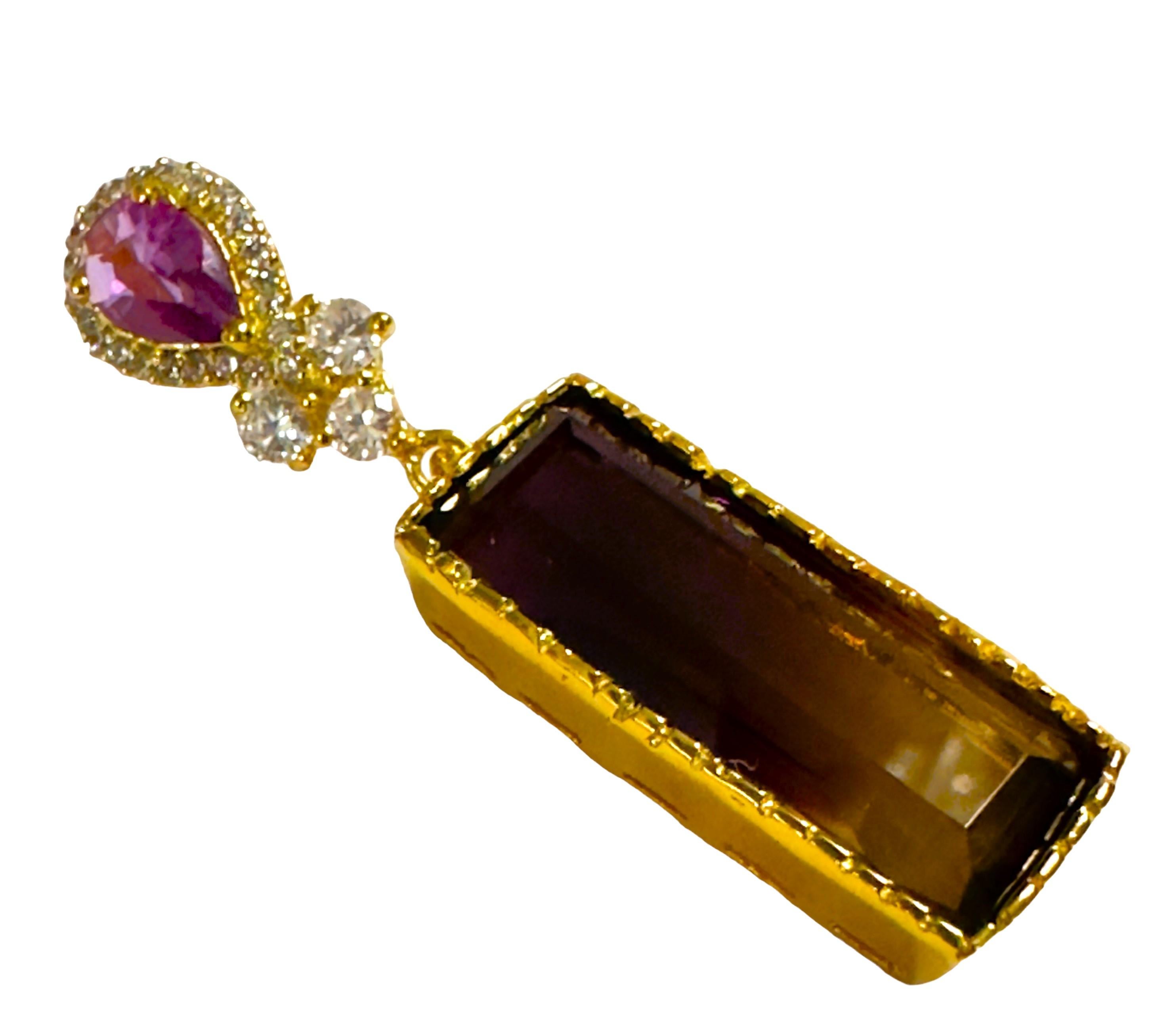 Art Deco New Brazilian IF 13 Ct Ametrine Spinel Yellow Gold Plated Sterling Pendant For Sale