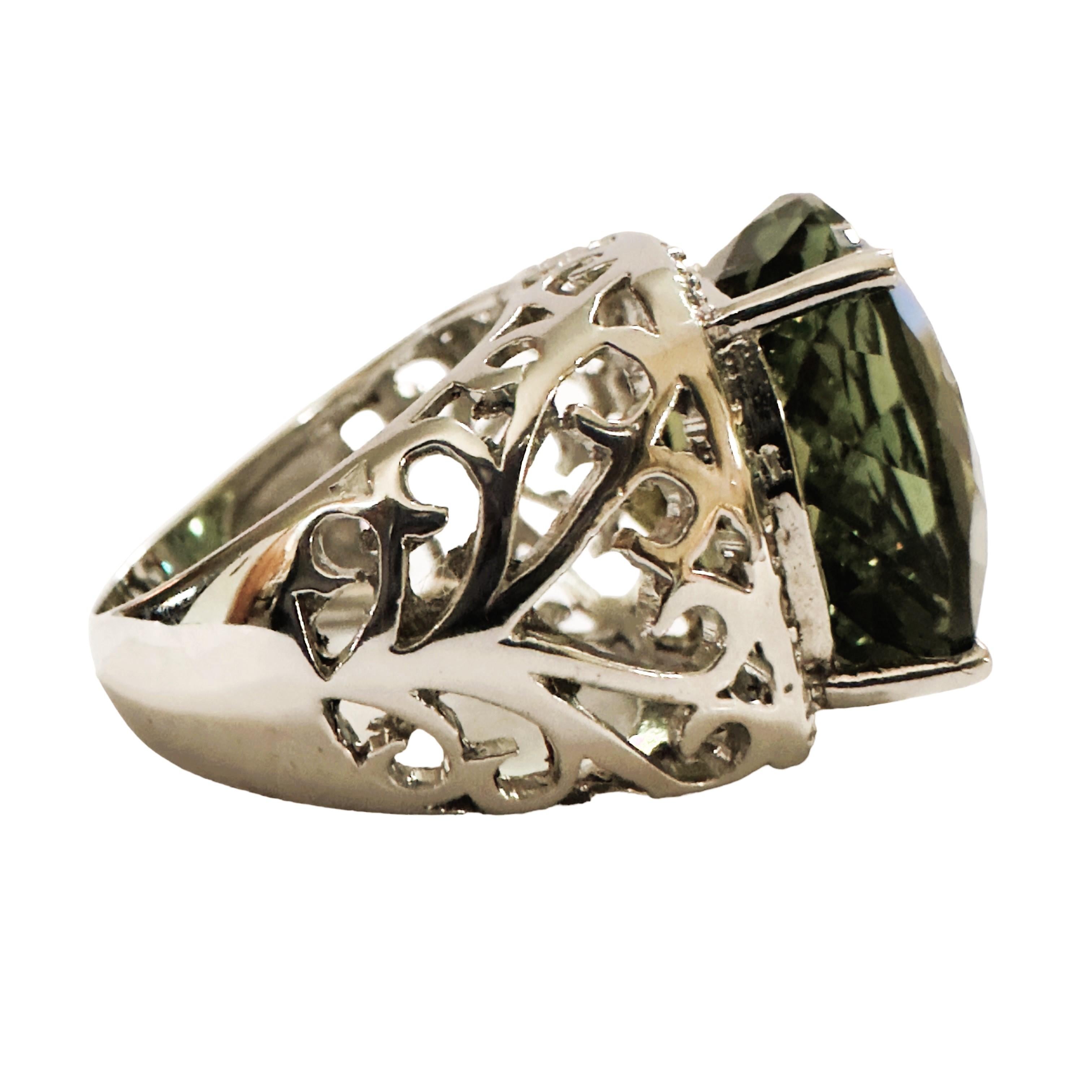 Art Deco New Brazilian IF 17.8 ct Forest Green Amethyst & Sapphire Sterling Ring