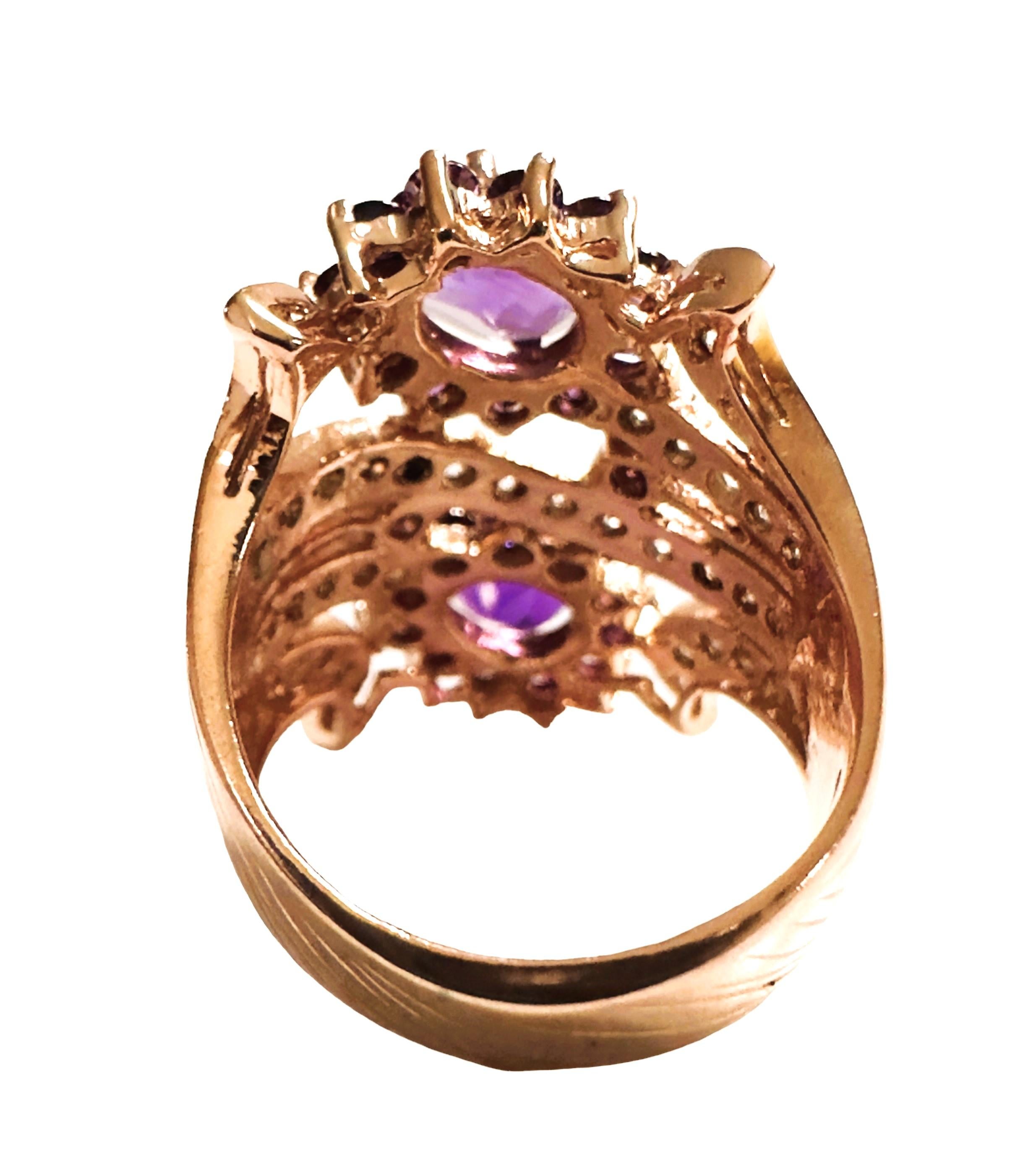 Art Deco New Brazilian IF 2.60 ct Double Purple Amethyst & Sapphire RGold Sterling Ring For Sale