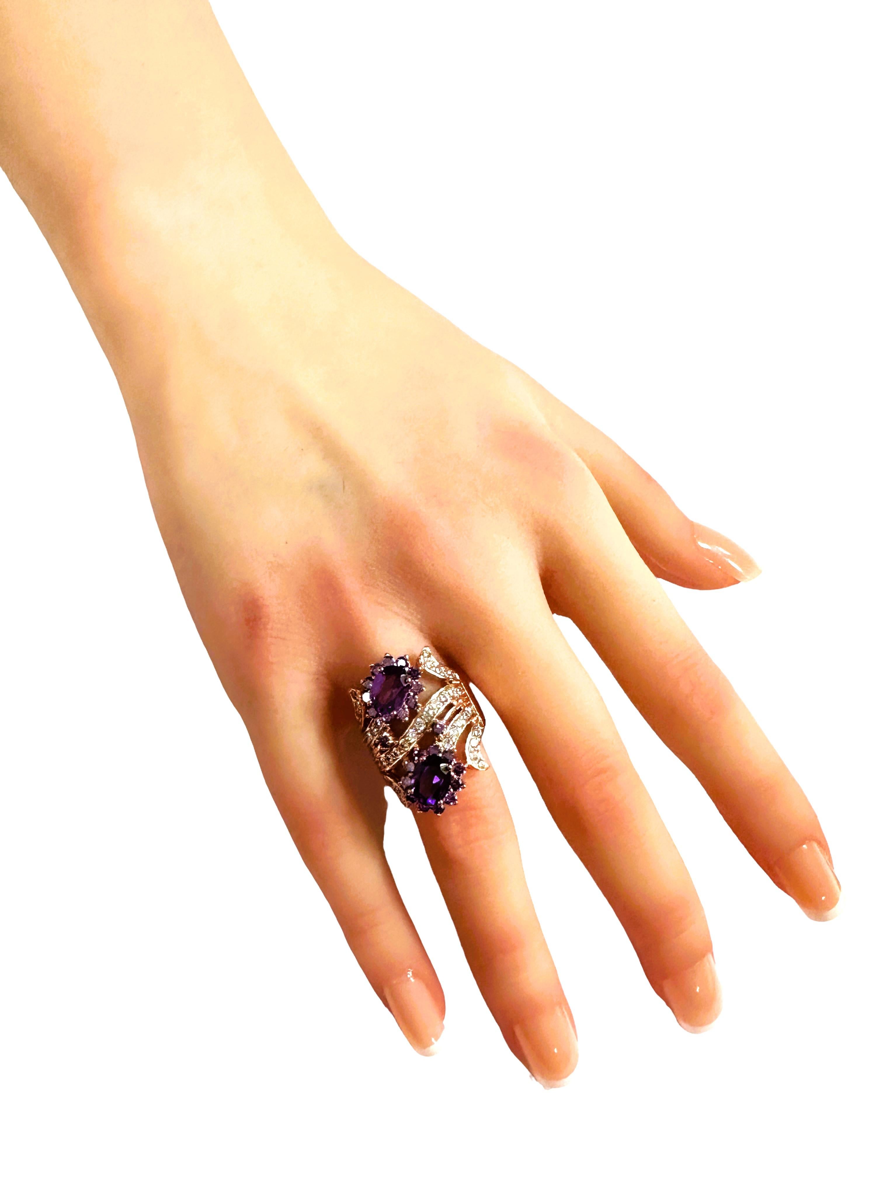 New Brazilian IF 2.60 ct Double Purple Amethyst & Sapphire RGold Sterling Ring In New Condition For Sale In Eagan, MN