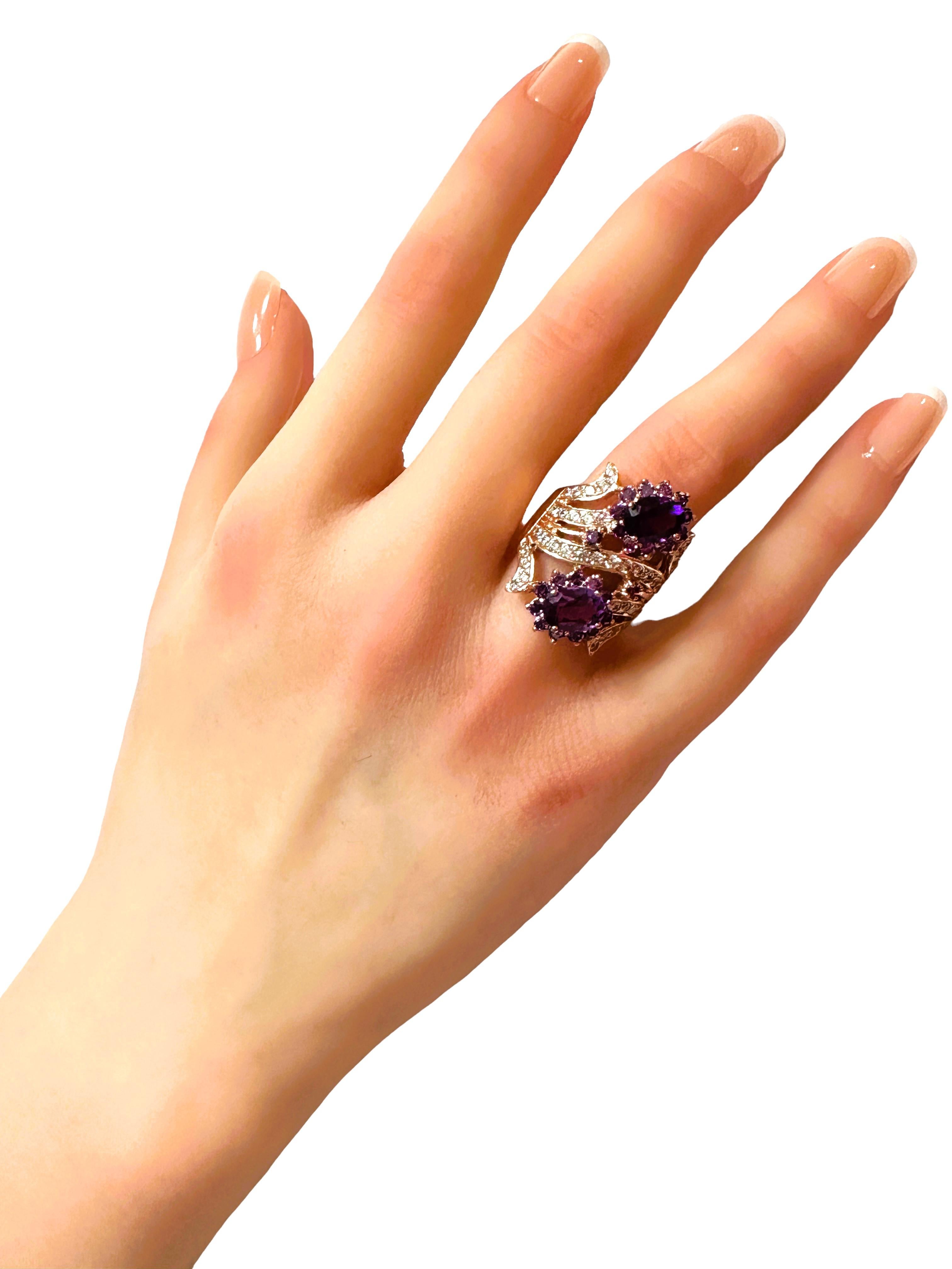 New Brazilian IF 2.60 ct Double Purple Amethyst & Sapphire RGold Sterling Ring For Sale 1