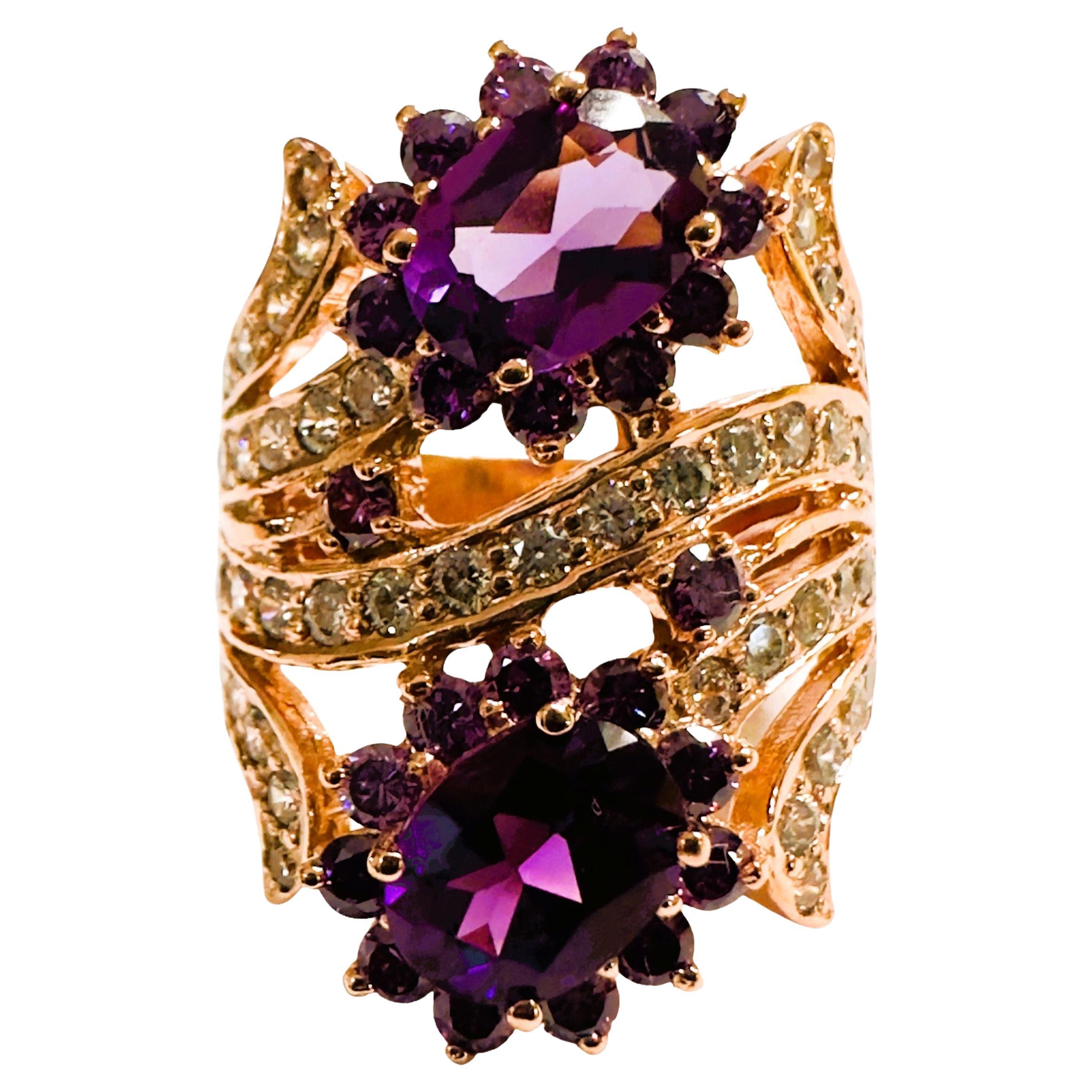 New Brazilian IF 2.60 ct Double Purple Amethyst & Sapphire RGold Sterling Ring For Sale