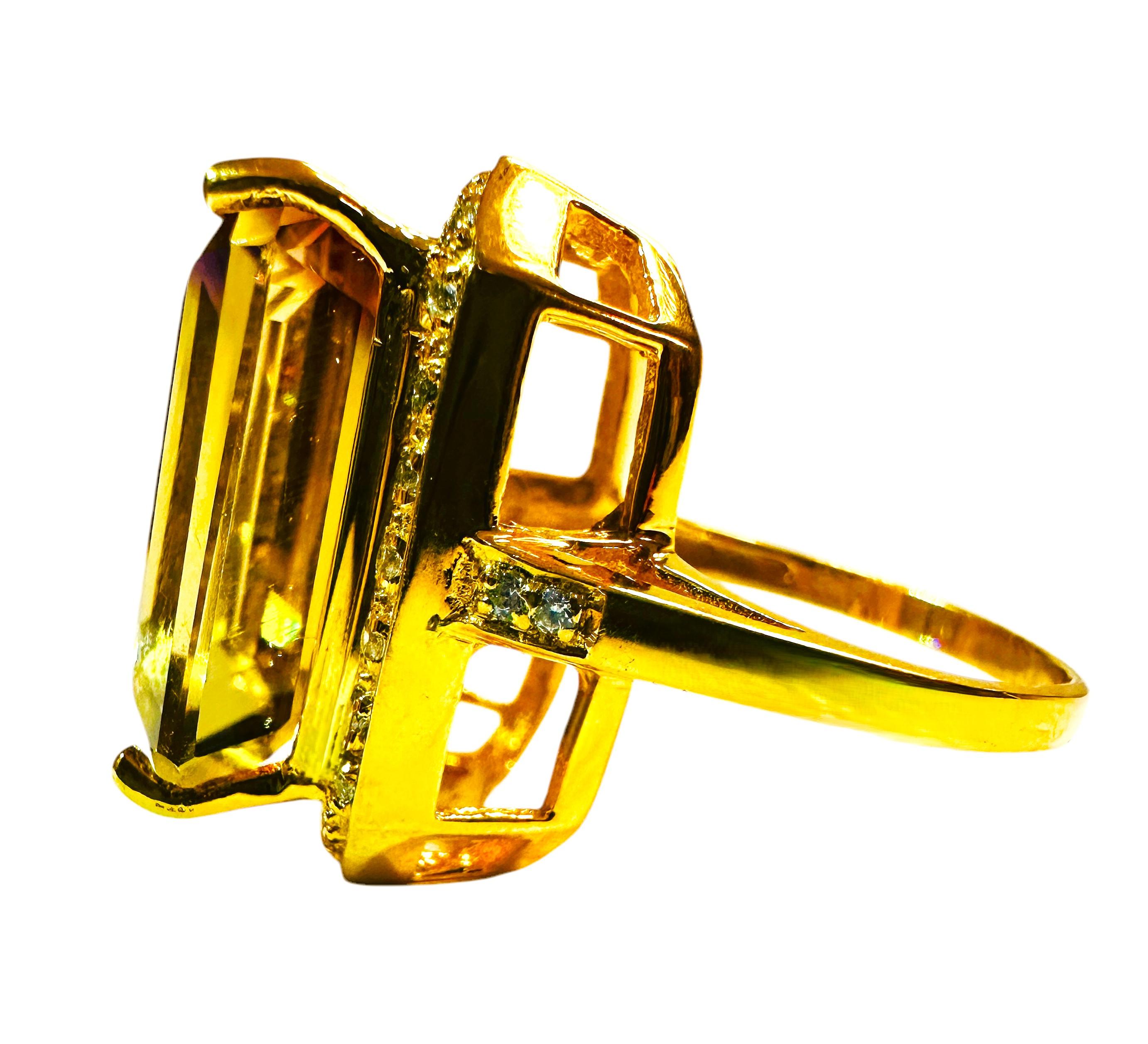 Art Deco New Brazilian Yellow Purple 17.27 Ct Ametrine Yellow Gold Plated Sterling Ring For Sale