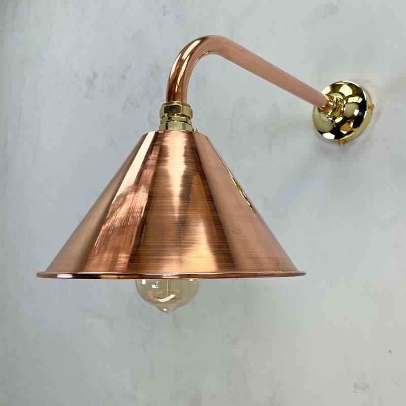 English New British Made Industrial Copper & Brass Cantilever Conical Shade Wall Lamp For Sale