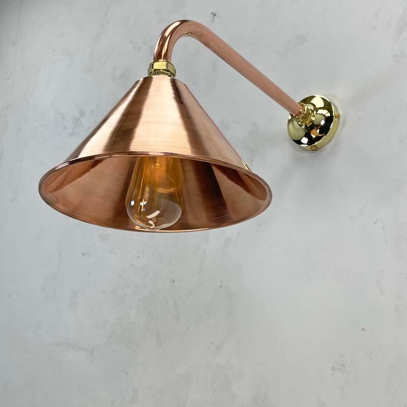 Spun New British Made Industrial Copper & Brass Cantilever Conical Shade Wall Lamp For Sale