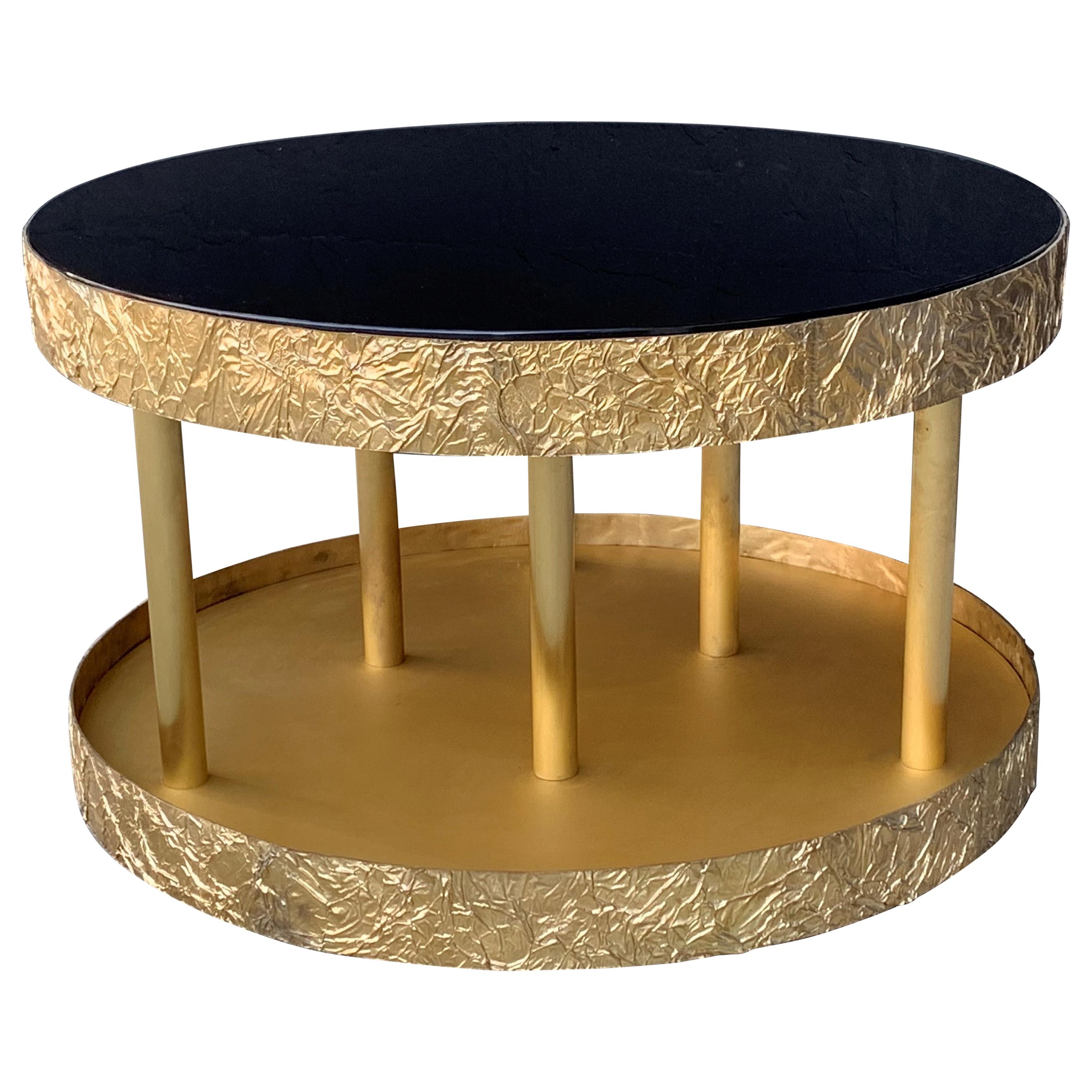 Bronze and Metal Round Center Table with Black Glass and Base with Light