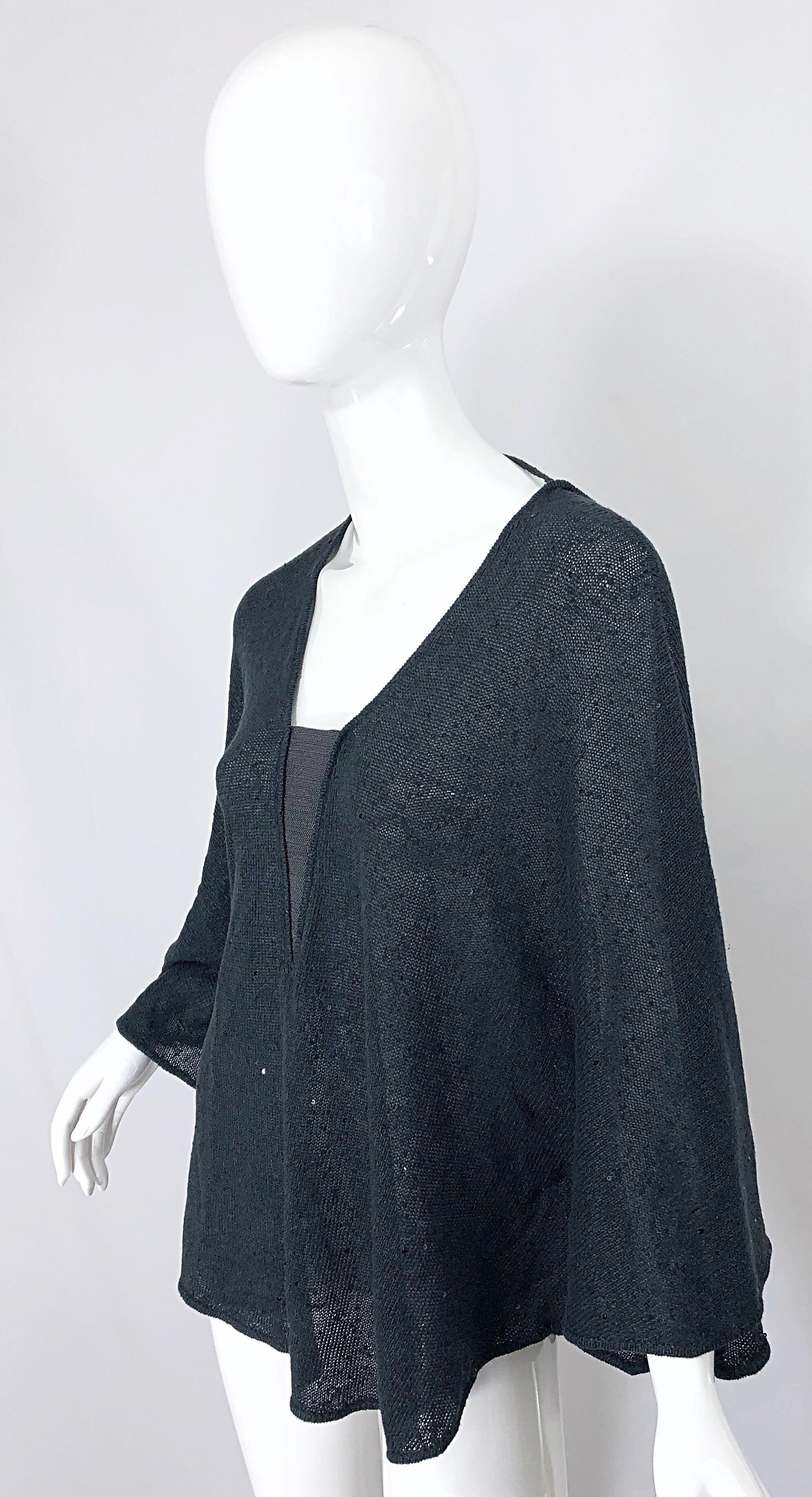 Women's New Brunello Cucinelli Grey + Black Sequin Chain Silk + Linen Poncho Cape Top For Sale