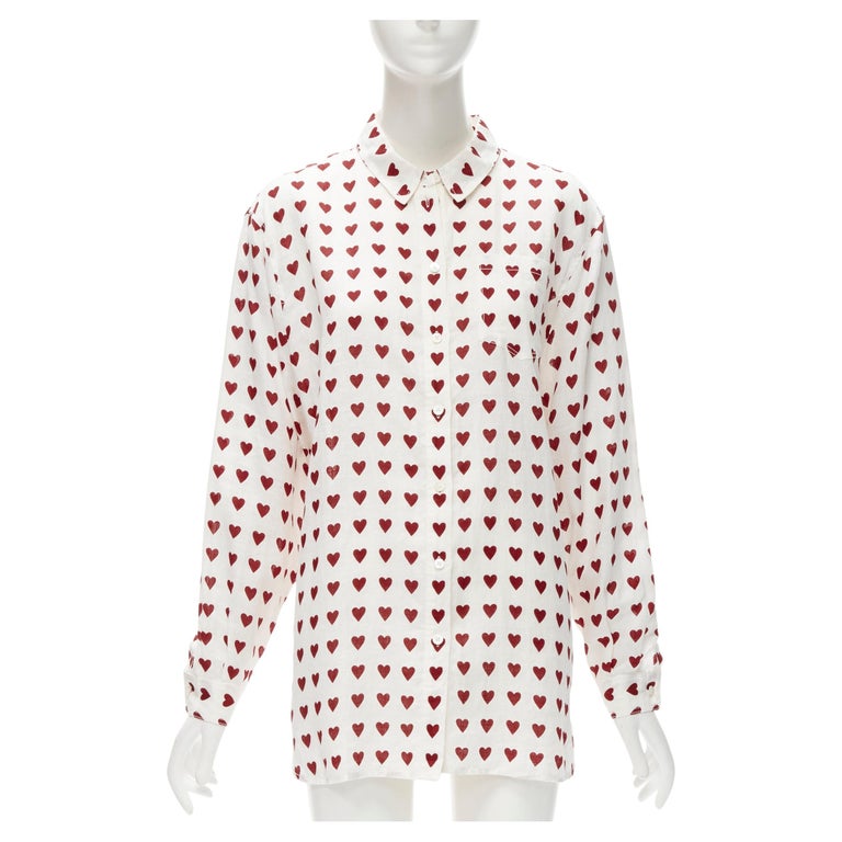 new BURBERRY 100% linen white red heart print long sleeve shirt L at 1stDibs